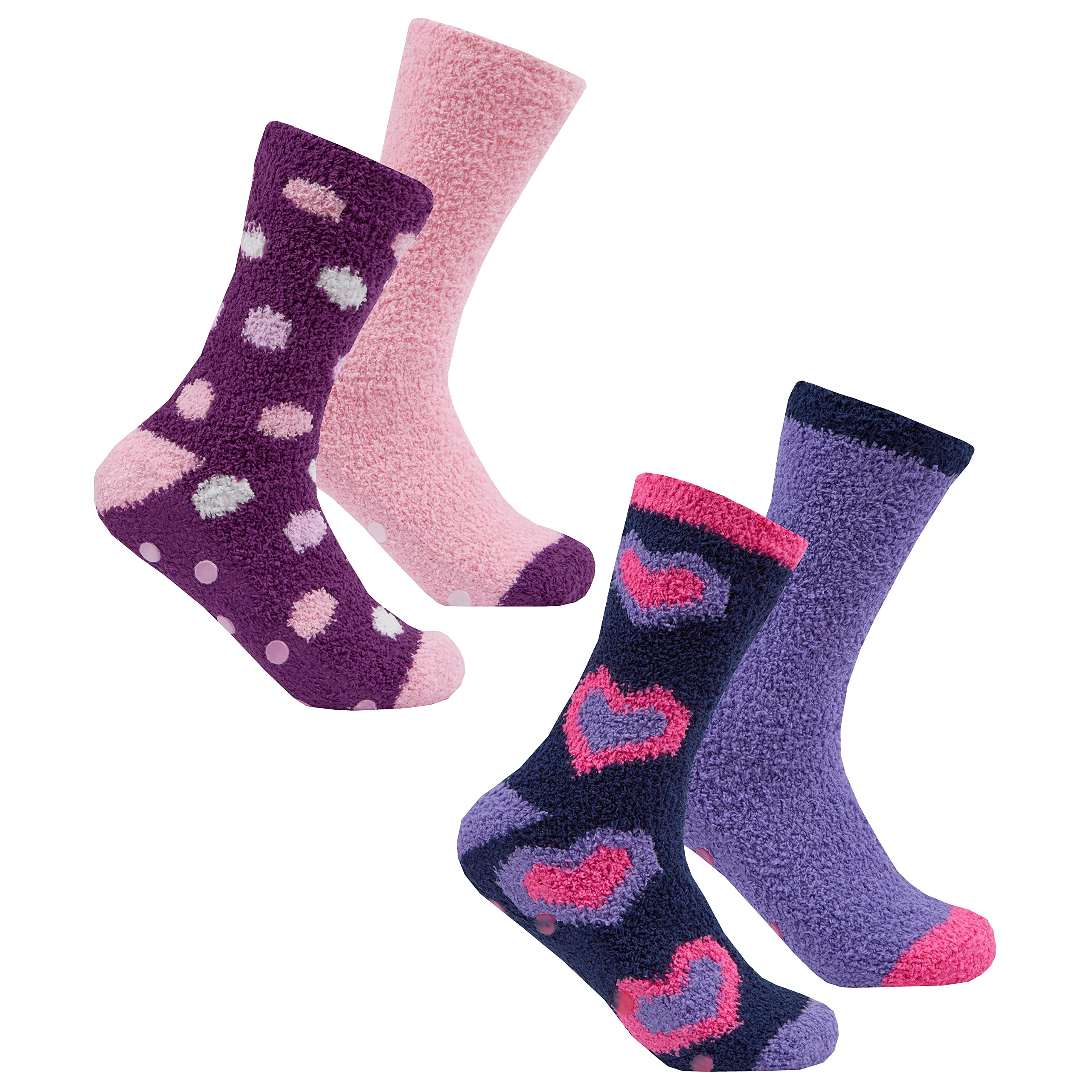 4 Pair Women's Cozy Soft Fleece Slipper Socks - Mixed Colors with Grip or Non-Grip for Lounge, Bed & Indoor Comfort