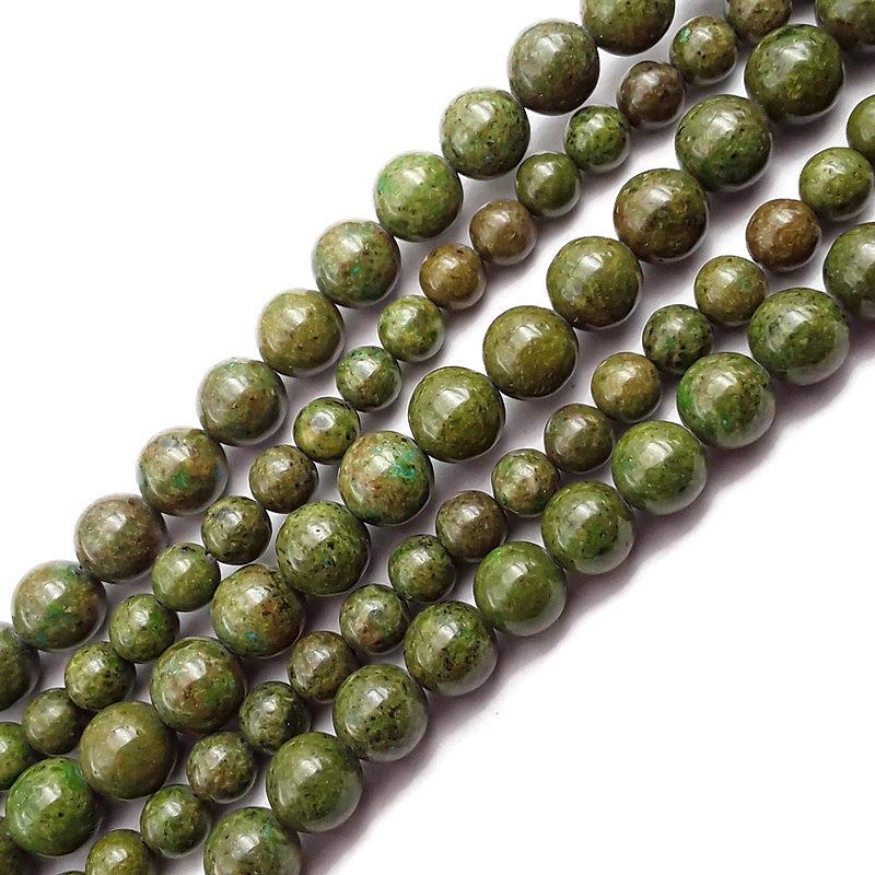 Natural Epidote Pyrite Inclusions Smooth Round Beads 6mm 8mm 15.5 Inch Strand - Healing Crystal Jewelry Making & Meditation Beads