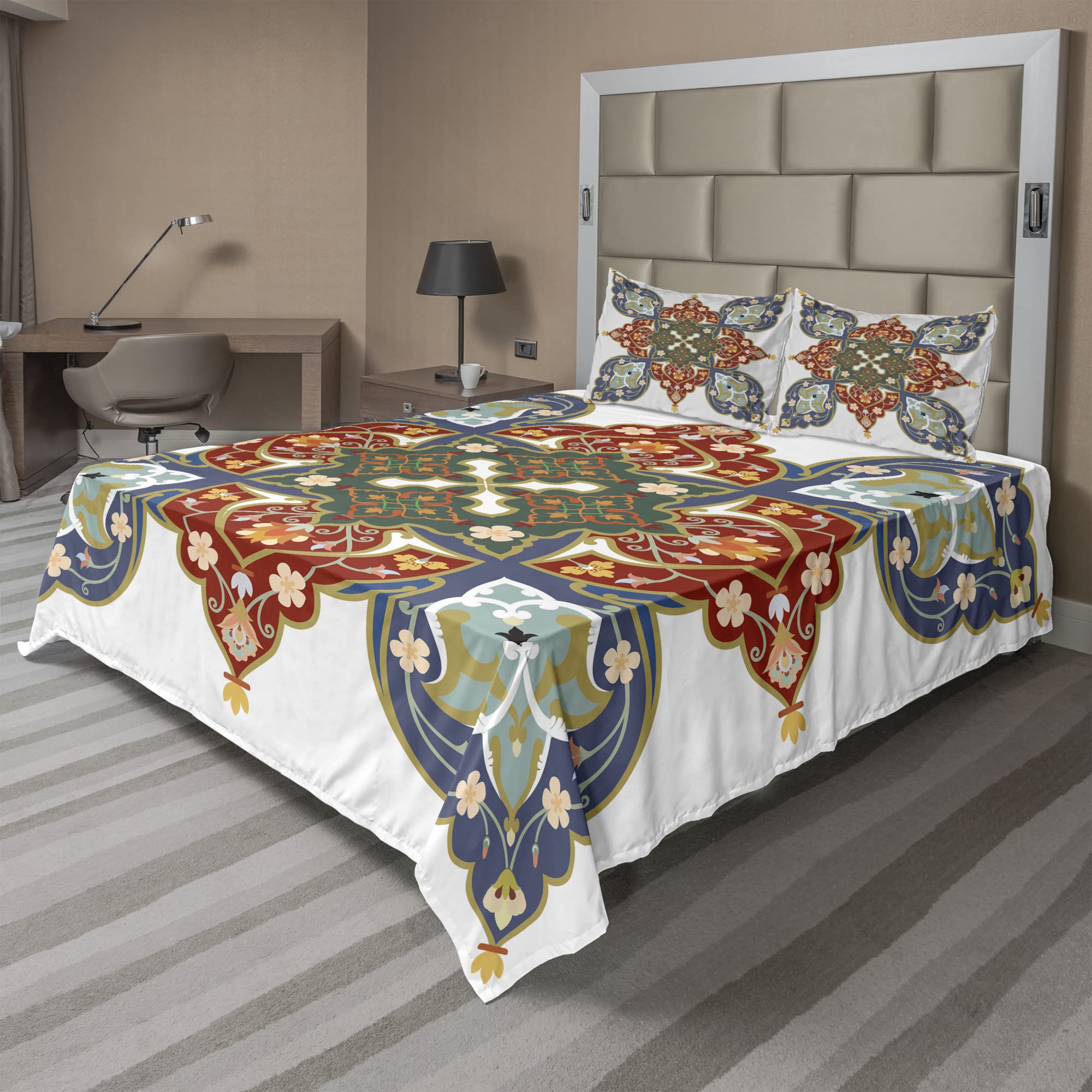 Ambesonne Oriental Sheet Set 4-Piece King Size - Turkish Ottoman Eastern Floral Moroccan Design, Cadet Blue Turquoise Fitted & Flat Sheets with Pillowcases | Luxury Bedroom Decor, Guest Room Upgrade, Boho Chic Home Styling