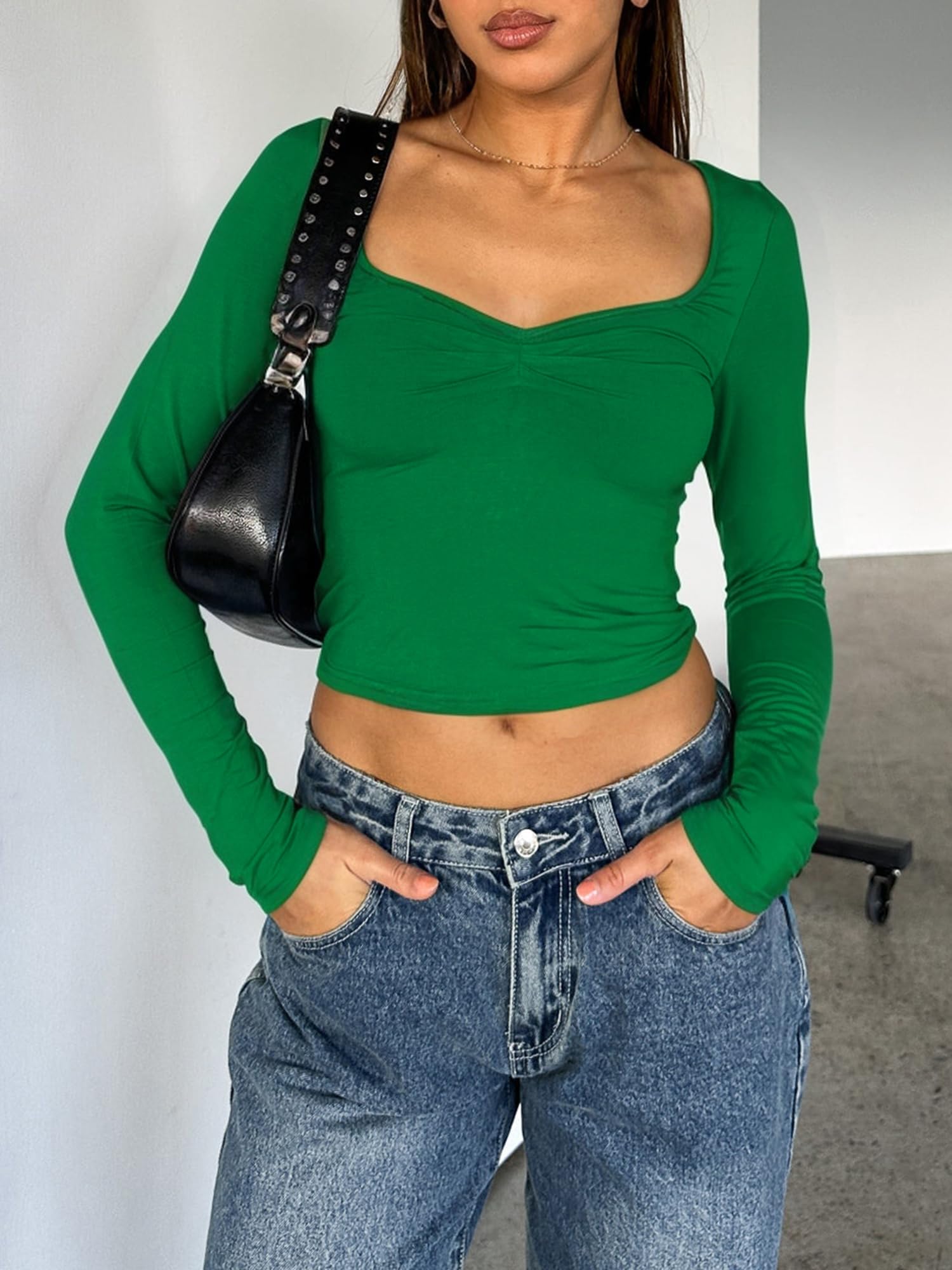 ForeFair Women's Sexy Long Sleeve Bustier Top with Sweetheart Neck & Pleated Detail - Y2K Cropped Shirt for Clubbing, Date Night & Party Outfits
