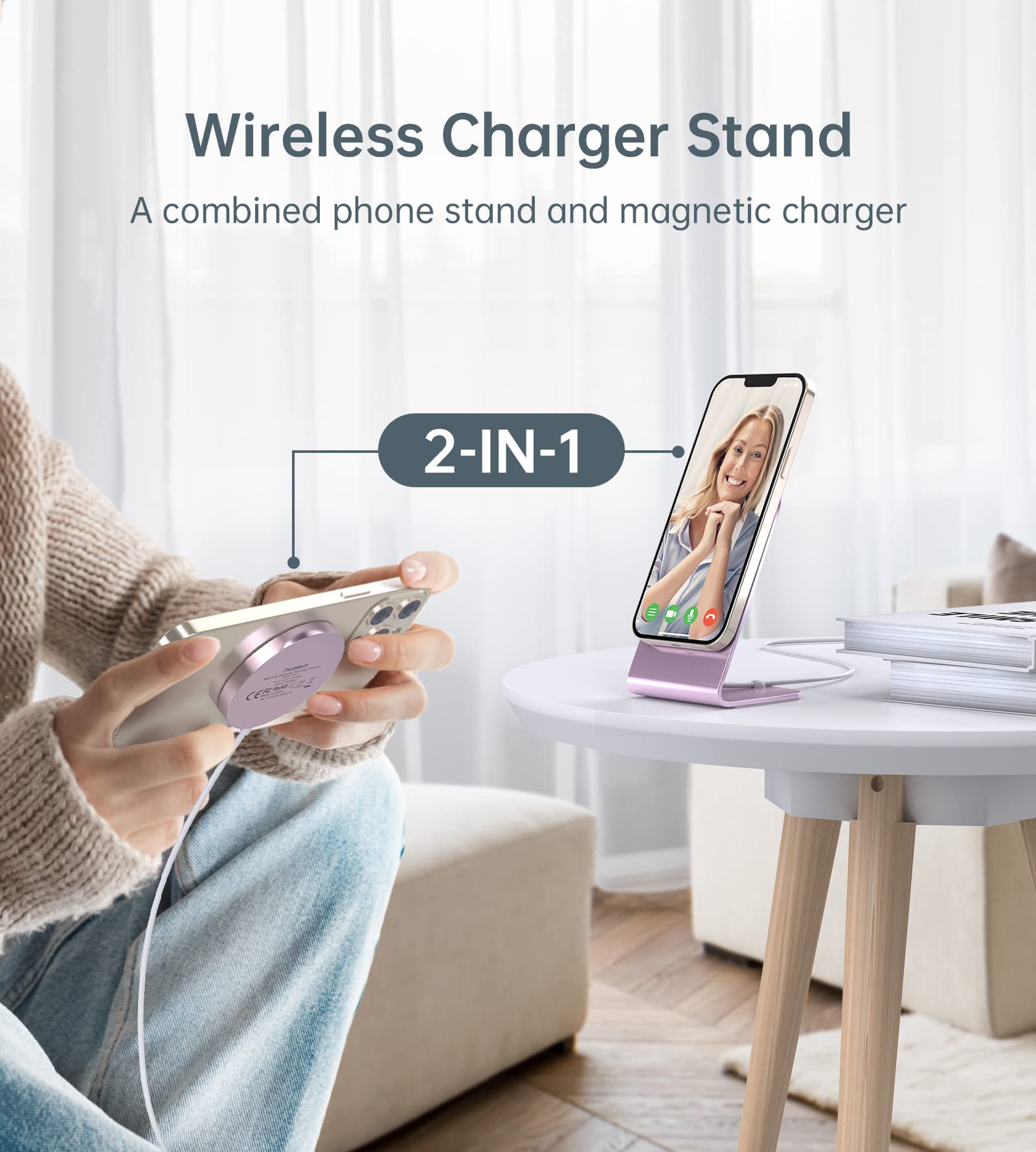 Magnetic Wireless Charger for iPhone 15/14/13/12 Pro Max Plus Mini - 20W Fast Mag-Safe Charging Stand/Pad with 5ft USB-C Cable & Adapter | Portable Charging Station for Home, Office, Car & Travel (Pink)