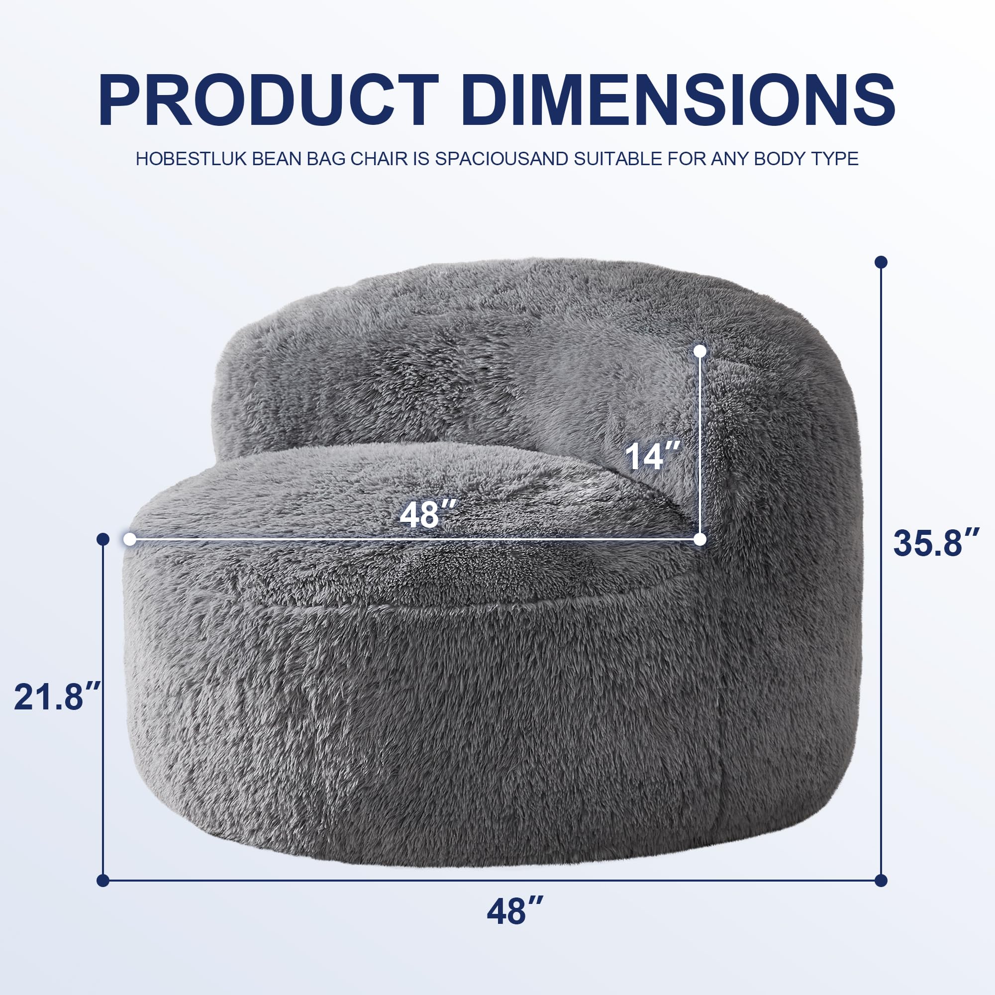 Extra Large Bean Bag Chair for Adults - Giant Foam Filled Lazy Sofa with Stuffed Back Support, Oversized Grey Beanbag - Perfect for Lounging, Gaming & Movie Nights in Living Room or Bedroom