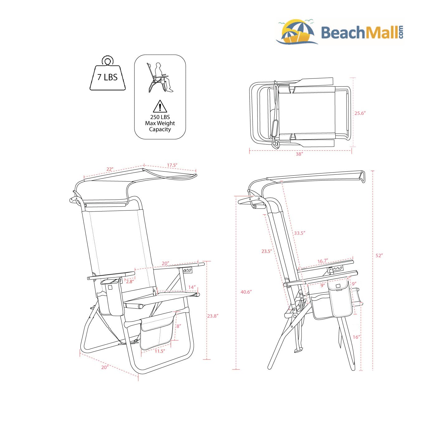 17 Inch Tall Big Tycoon Aluminum Folding Beach Chair with Adjustable Canopy - Perfect for Poolside Lounging, Camping & Outdoor Relaxation