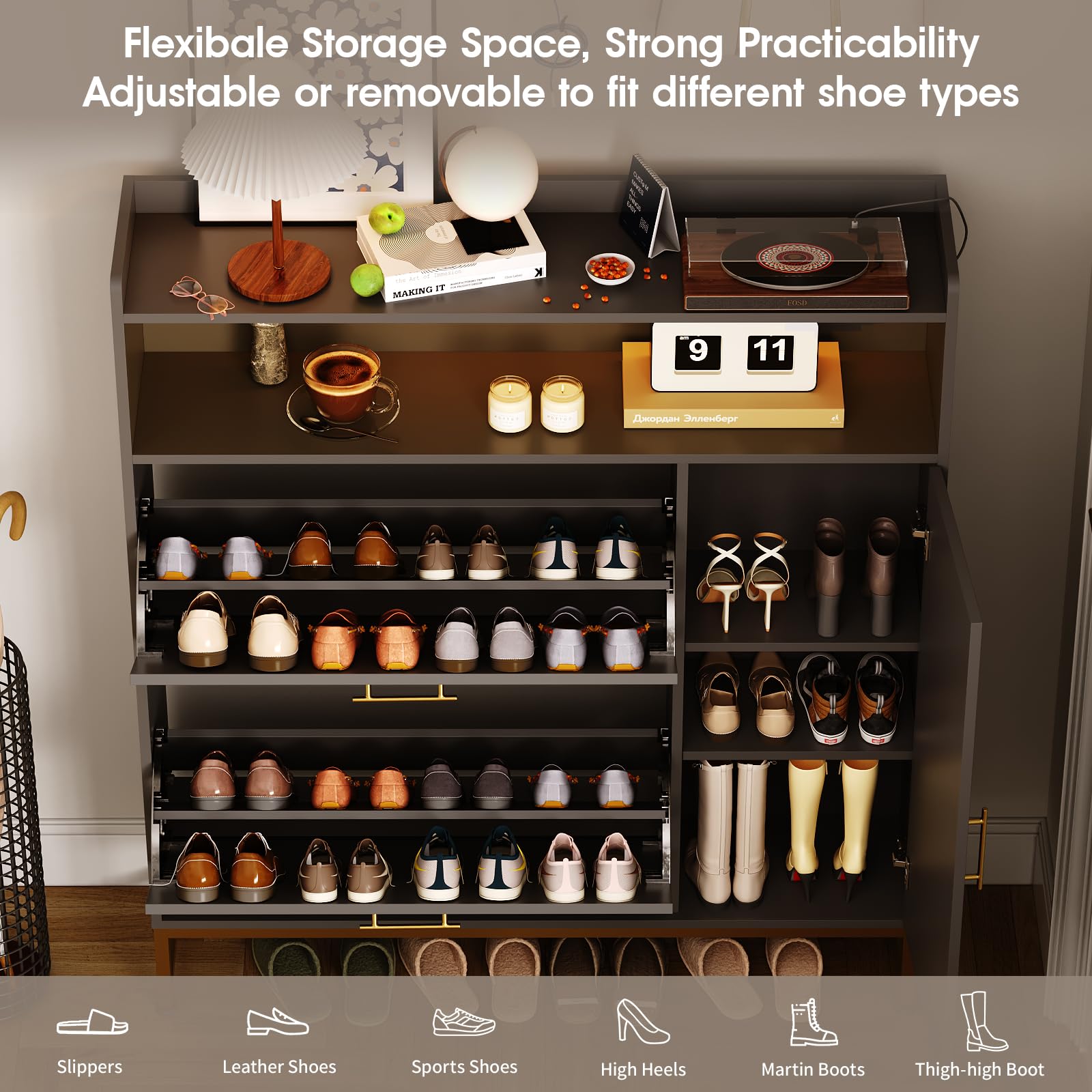 Freestanding Shoe Storage Organizer with 2 Flip Drawers, Side Cabinet, LED Light & USB Charging Station - Adjustable Shelf, Metal Legs - Perfect for Entryway, Hallway, Living Room & Small Spaces - Black