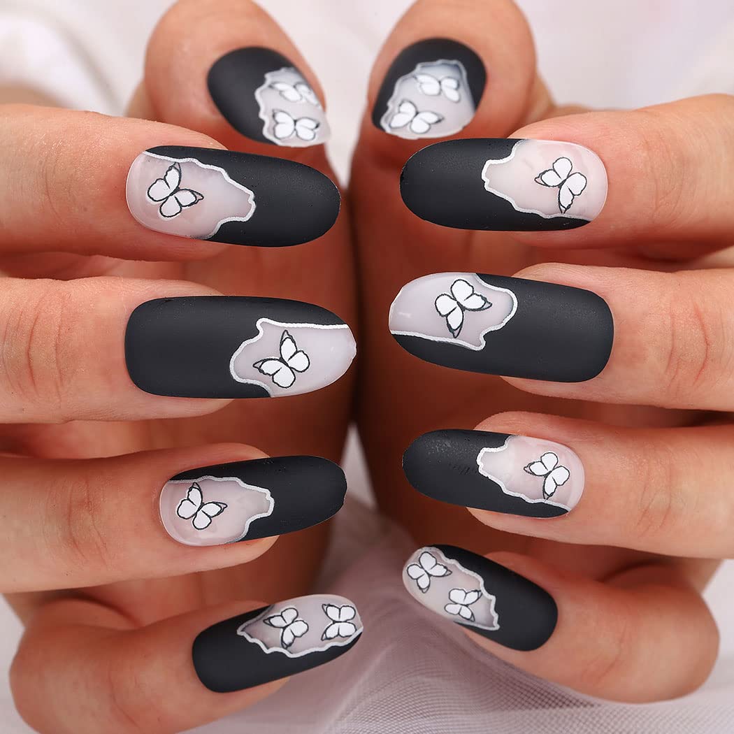 24PCS Black Matte Press On Nails Long Oval Fake Nails with Butterfly French Design - Full Cover Acrylic Nail Tips for Women & Girls | Perfect for Parties, Weddings & Daily Manicure