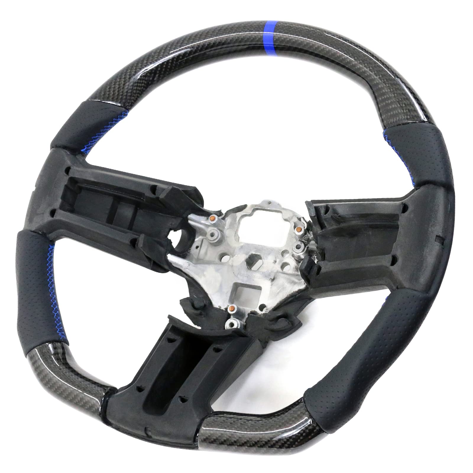 IKON MOTORSPORTS Carbon Fiber & Leather Steering Wheel with Blue Stitch & Indicator - Compatible with 2010-2014 Ford Mustang (2011, 2012, 2013 Models) - Premium Replacement Bodykit for Enhanced Driving Experience & Sporty Look