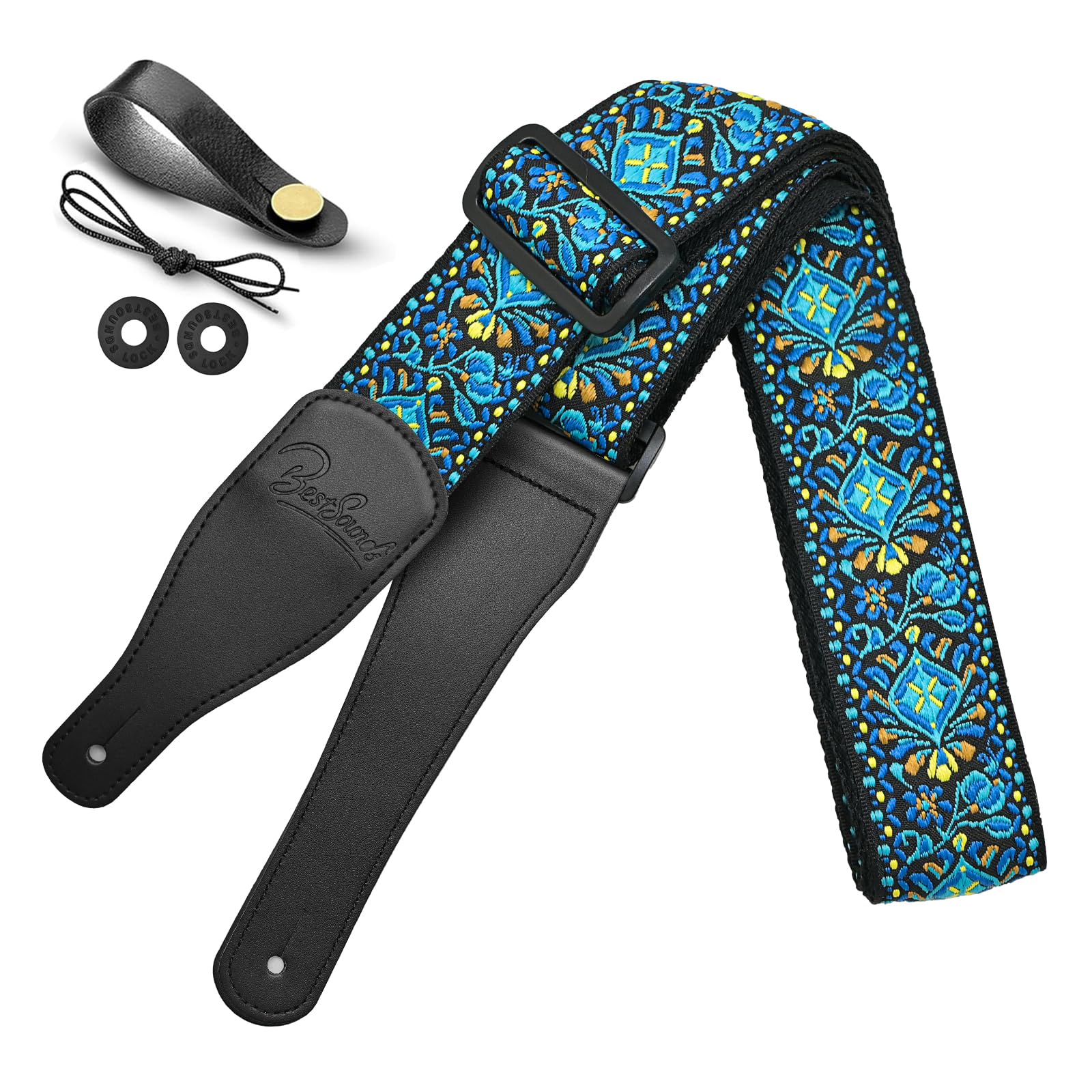 Premium Jacquard Embroidered Cotton Guitar Strap with Genuine Leather Ends - Adjustable Shoulder Strap for Bass, Acoustic & Electric Guitars - Perfect for Live Performances, Studio Sessions & Music Practice