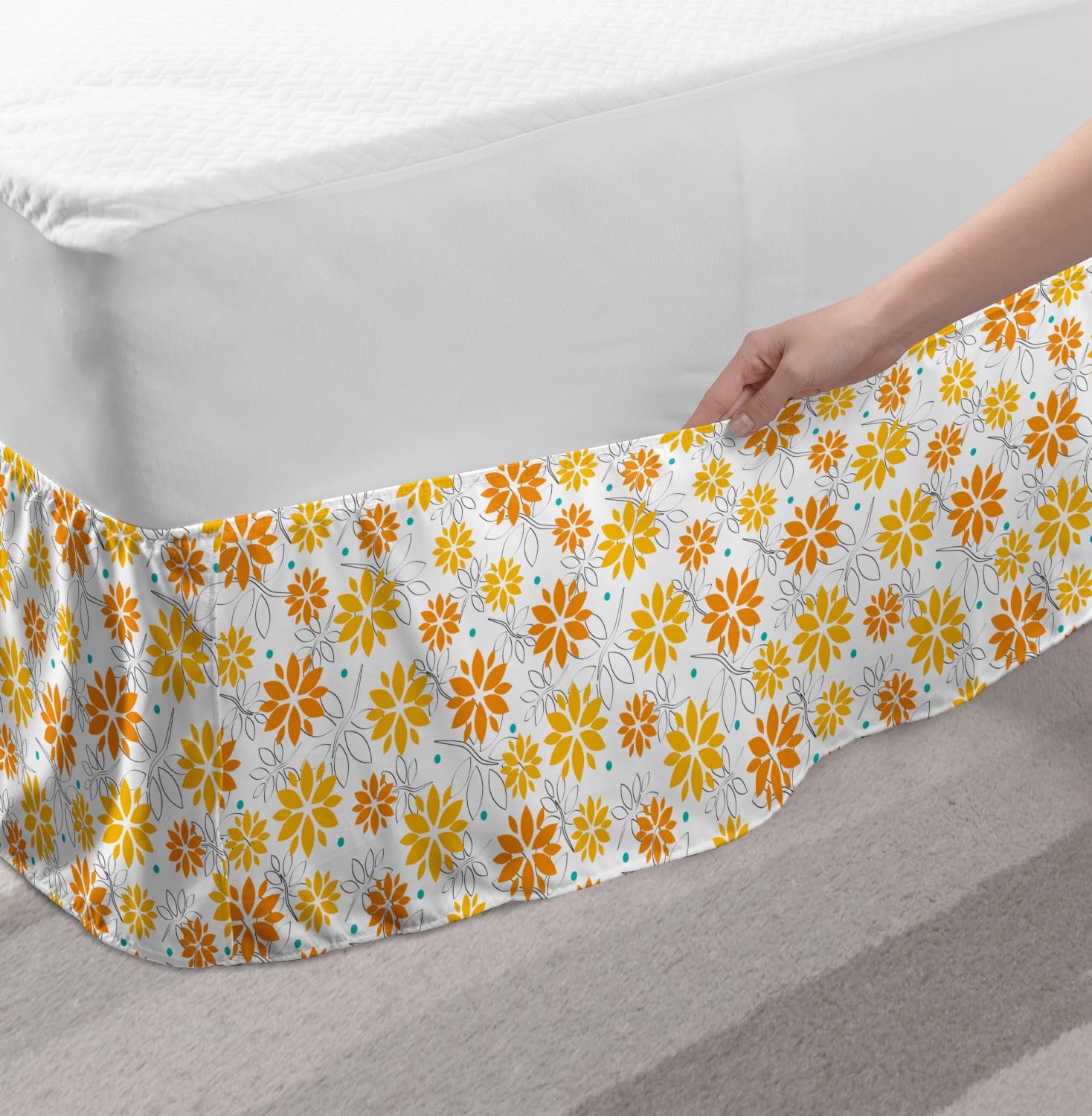 Ambesonne Floral Polka Dot Elastic Bed Skirt - King Size White & Orange Dust Ruffle Wrap for Bedding Decor - Perfect for Spring & Summer Bedroom Refresh