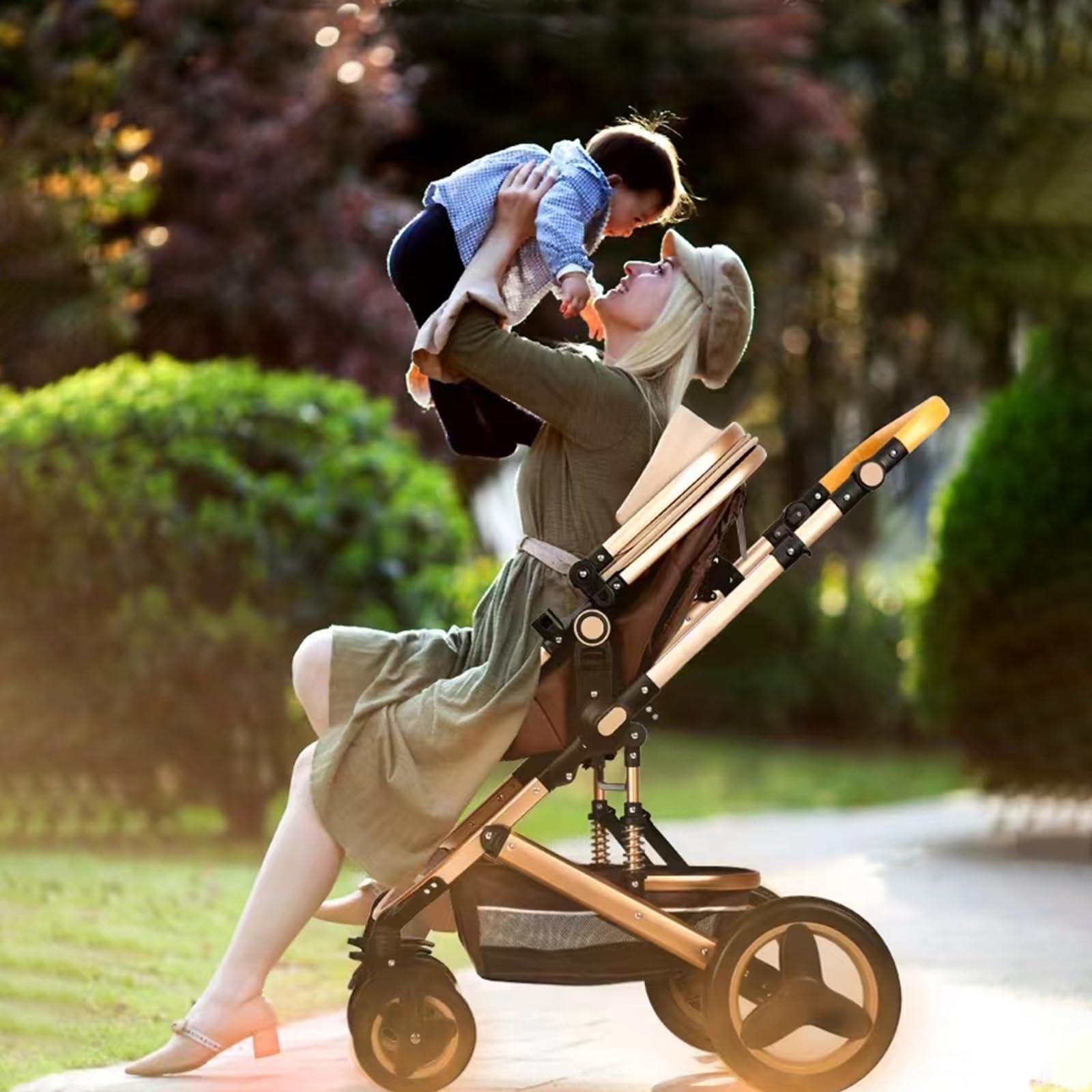 Premium 2-in-1 Baby Stroller with Bassinet & Reversible Seat - Foldable Travel Pram for Newborns & Infants - High Landscape Stroller for Outdoor Walks & Shopping (Khaki)