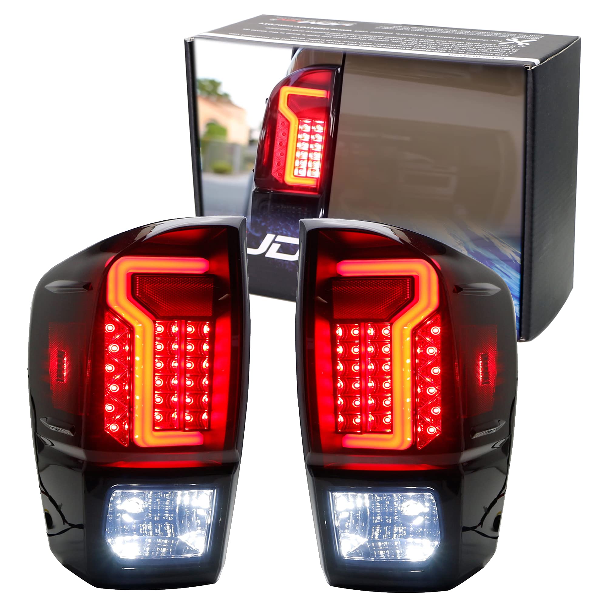 iJDMTOY Smoked Lens Full LED Taillight Lamps with LED Reverse Light Replacement Bulbs Kit for 2016-2023 Toyota Tacoma - Complete LED Tail, Brake, Running & Turn Signal Lights - Upgrade for Night Driving & Enhanced Safety