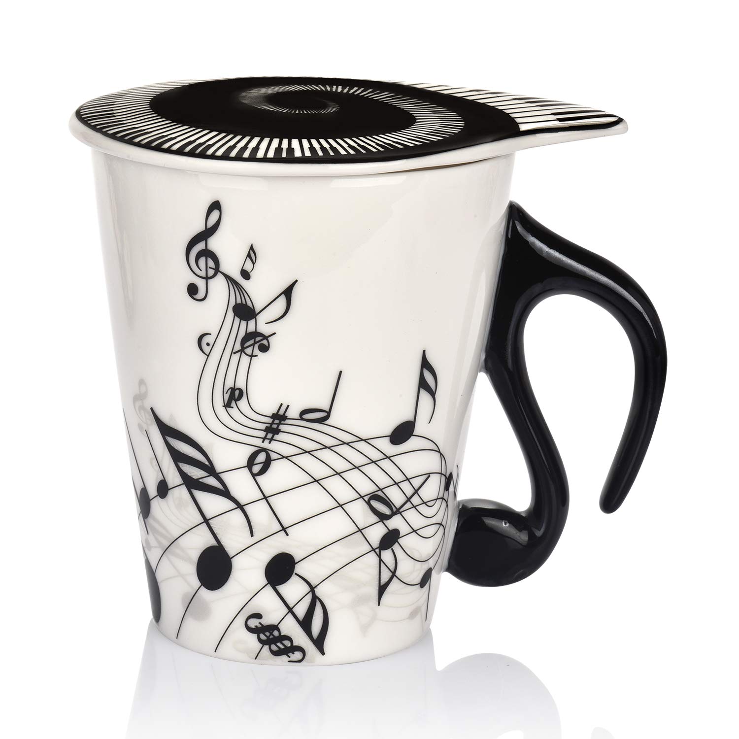 12.9 oz Musical Notes Ceramic Coffee Mug with Unique Handle & Themed Lid - Perfect Gift for Music Lovers (Women/Men/Friends) - Ideal for Tea, Coffee, Milk at Home, Office or Concert Events