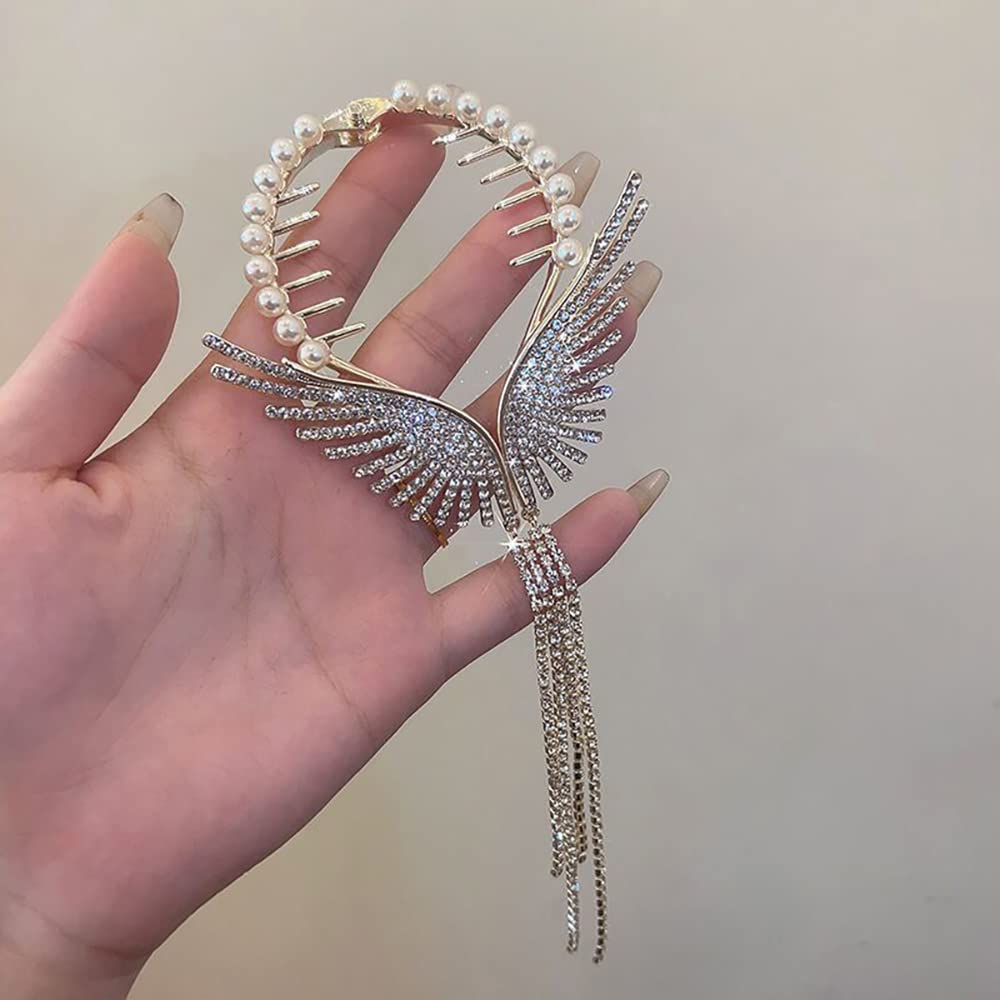 Sparkling EPARTY Angel Wings Rhinestone Hair Clips - Gold Tassel Claw Clips with Pearls for Women & Girls | Elegant Hair Barrettes for High Ponytails, Coiled Hairstyles & Party Accessories | Perfect for Weddings, Prom & Special Occasions