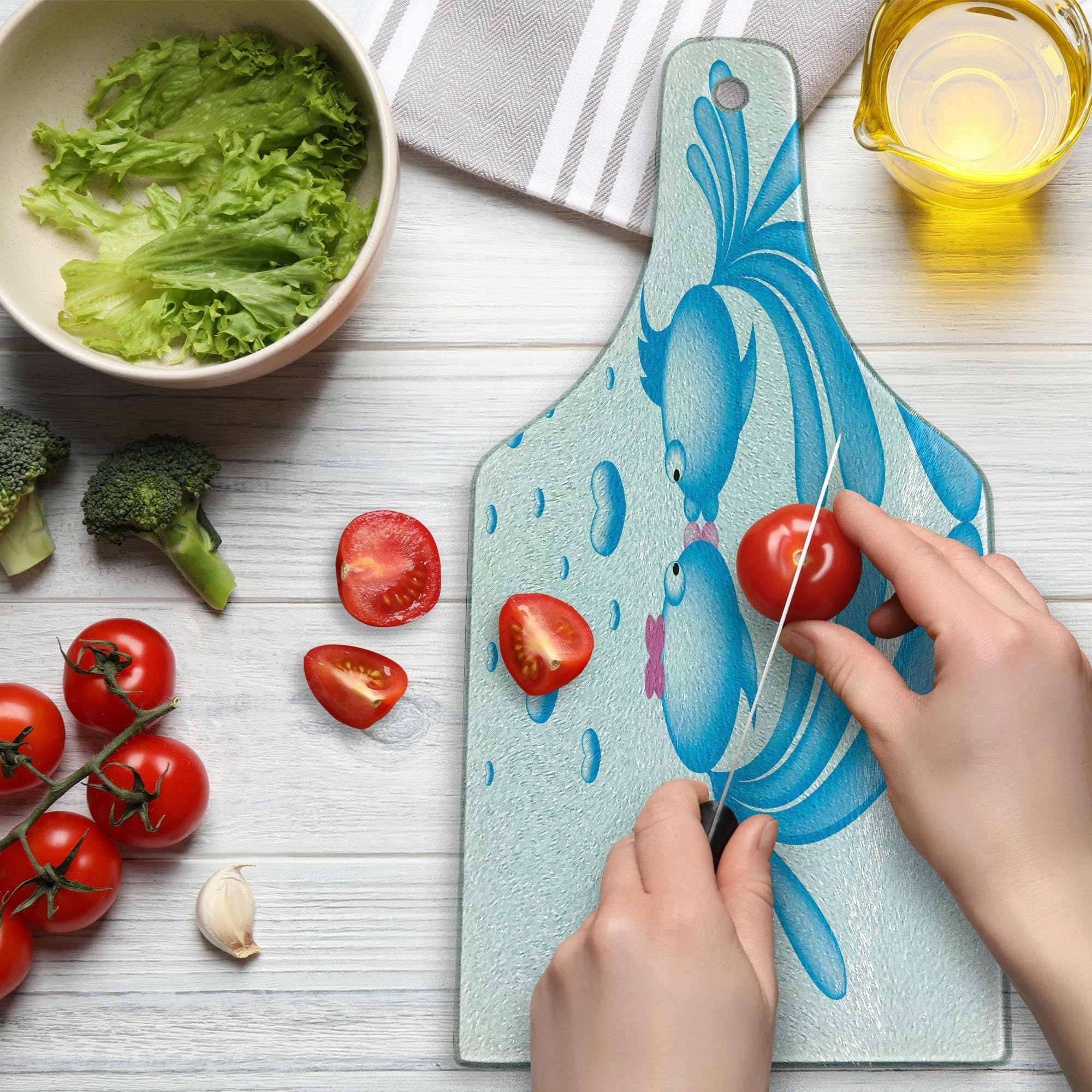 Ambesonne Romantic Fish Kissing Tempered Glass Cutting Board - Abstract Blue Cartoon Fish Design with Heart-Shaped Bubbles, Decorative Serving Board in Wine Bottle Shape (Pale Blue, Pink, White) - Perfect for Kitchen Use, Charcuterie Platters, and Gift Giving