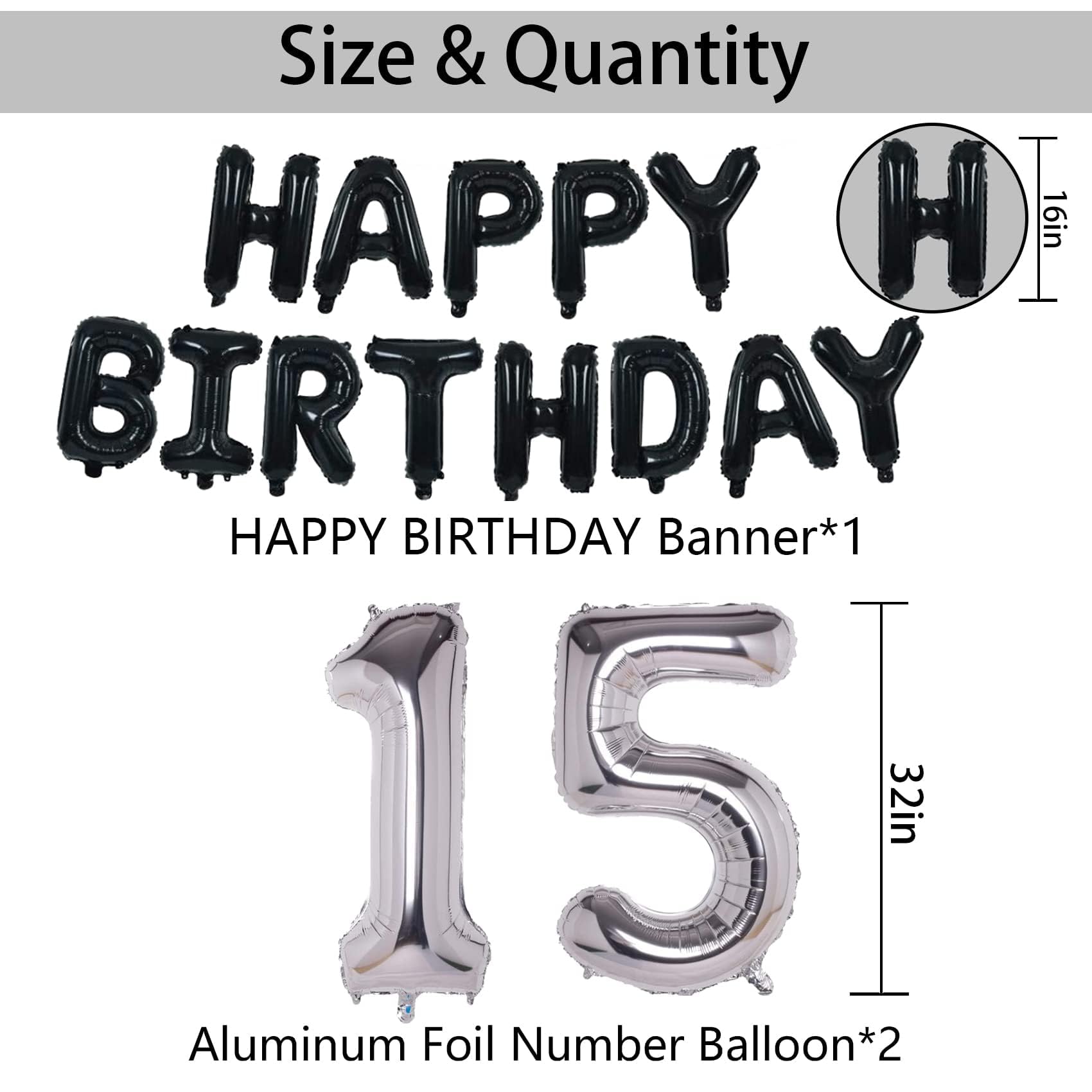15th Birthday Party Decorations Set - Black & Silver Theme for Boys & Girls | Includes Happy Birthday Banner, Foil Stars & Balloons | Perfect for Quinceañera, Sweet 16 & Teen Birthday Celebrations