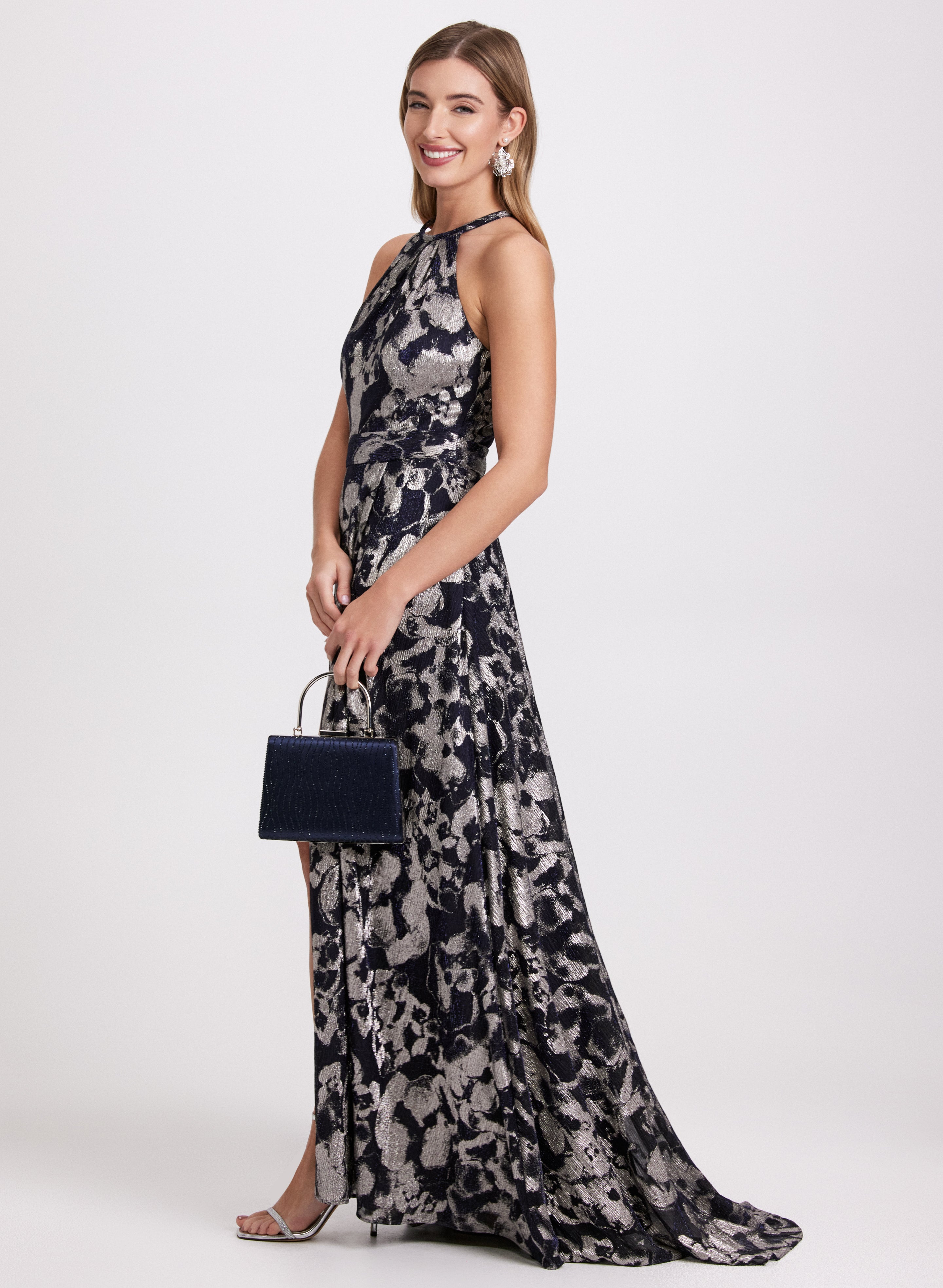 Elegant Floral Metallic Party Dress for Women - Perfect for Evening Events, Weddings & Special Occasions