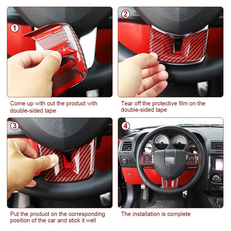 Linskip Steering Wheel Trim Cover - 3Pcs Red Carbon Fiber Design for Dodge Journey 2013-2022, Charger, Challenger, Durango, Dart 2009-2014 - Premium Interior Accessories for Enhanced Grip & Style - Perfect for Daily Commuting & Road Trips