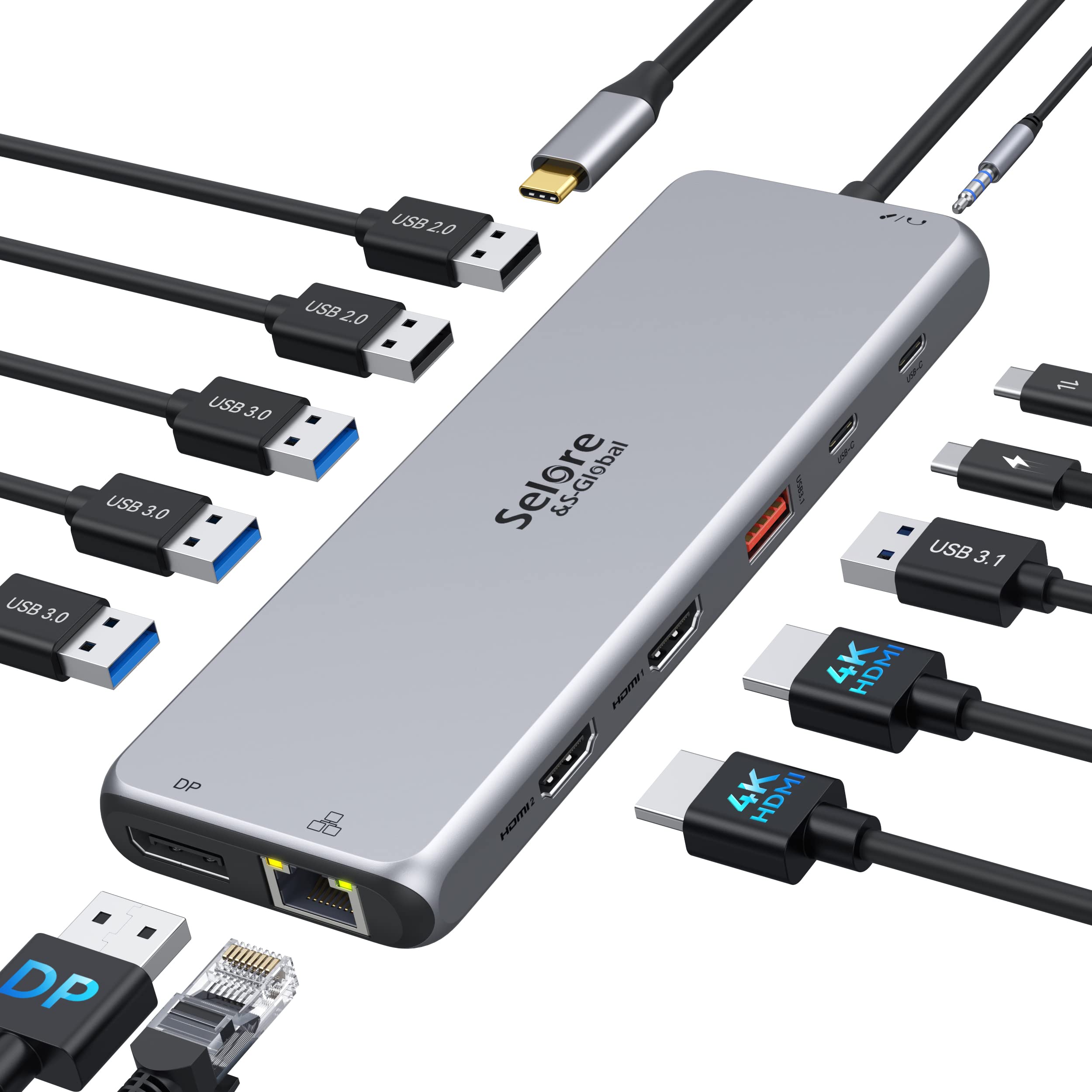 13-in-1 USB C Docking Station with Dual HDMI & DisplayPort - 100W PD, USB 3.1/3.0/2.0, Ethernet - Compatible with MacBook HP Dell - Perfect for Home Office & Multi-Monitor Work Setup