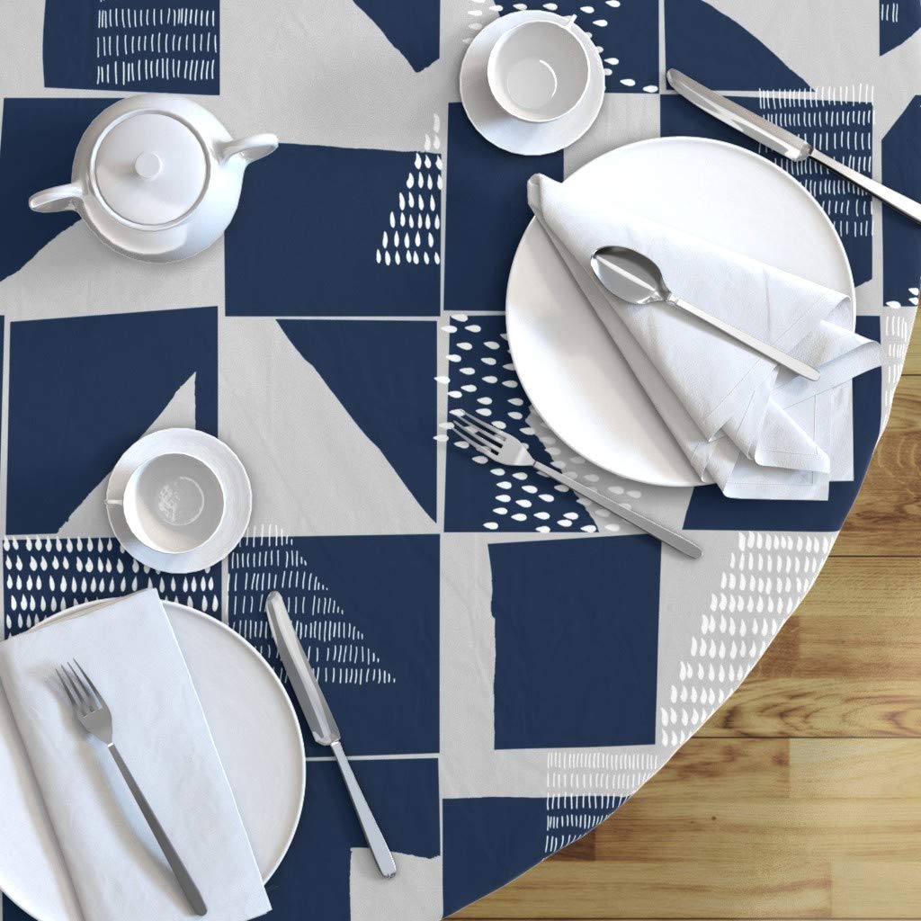 Custom Geometric Abstract Blue Gray Japandi Scandi Print Cotton Sateen Tablecloth - 90
