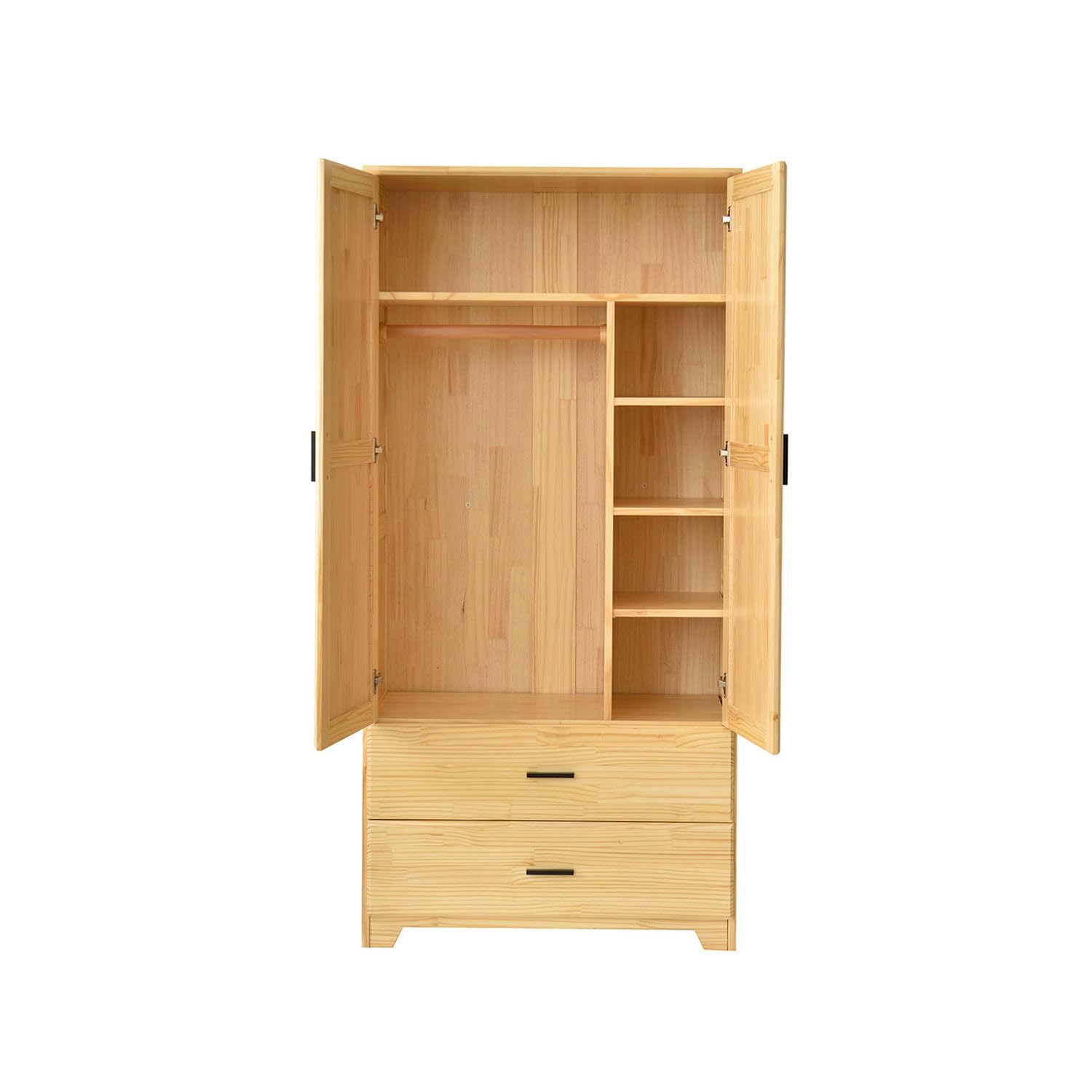 Solid Pine Wood Closet with Raised Doors & 2 Drawers - Natural Finish Wooden Wardrobe for Bedroom Storage & Organization | Perfect for Home, Apartment, Dorm Room Closet Space Saving Solution