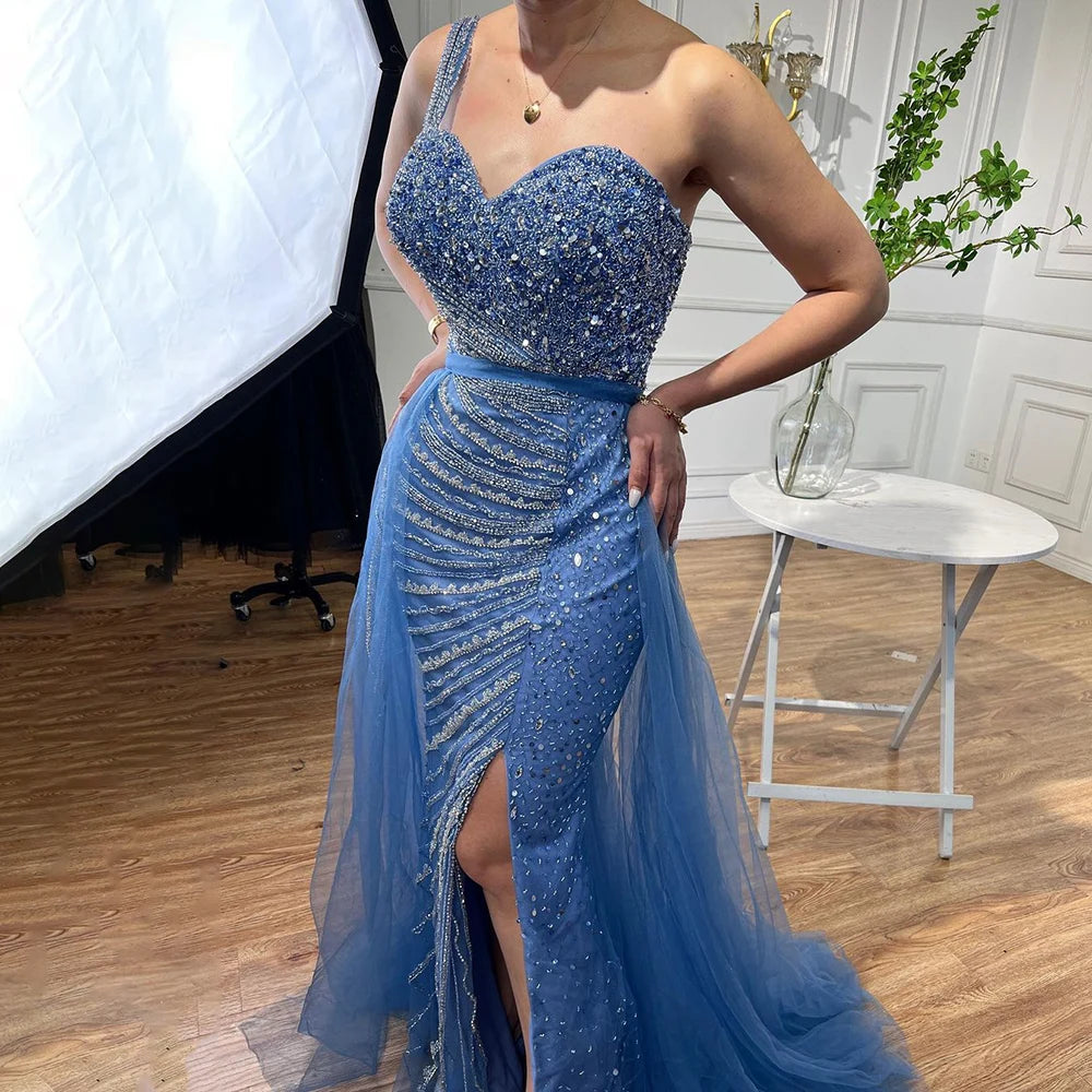 Elegant Blue One Shoulder Mermaid Evening Dress with Beaded Detail & Overskirt for Women - Perfect for Prom, Gala, and Formal Parties
