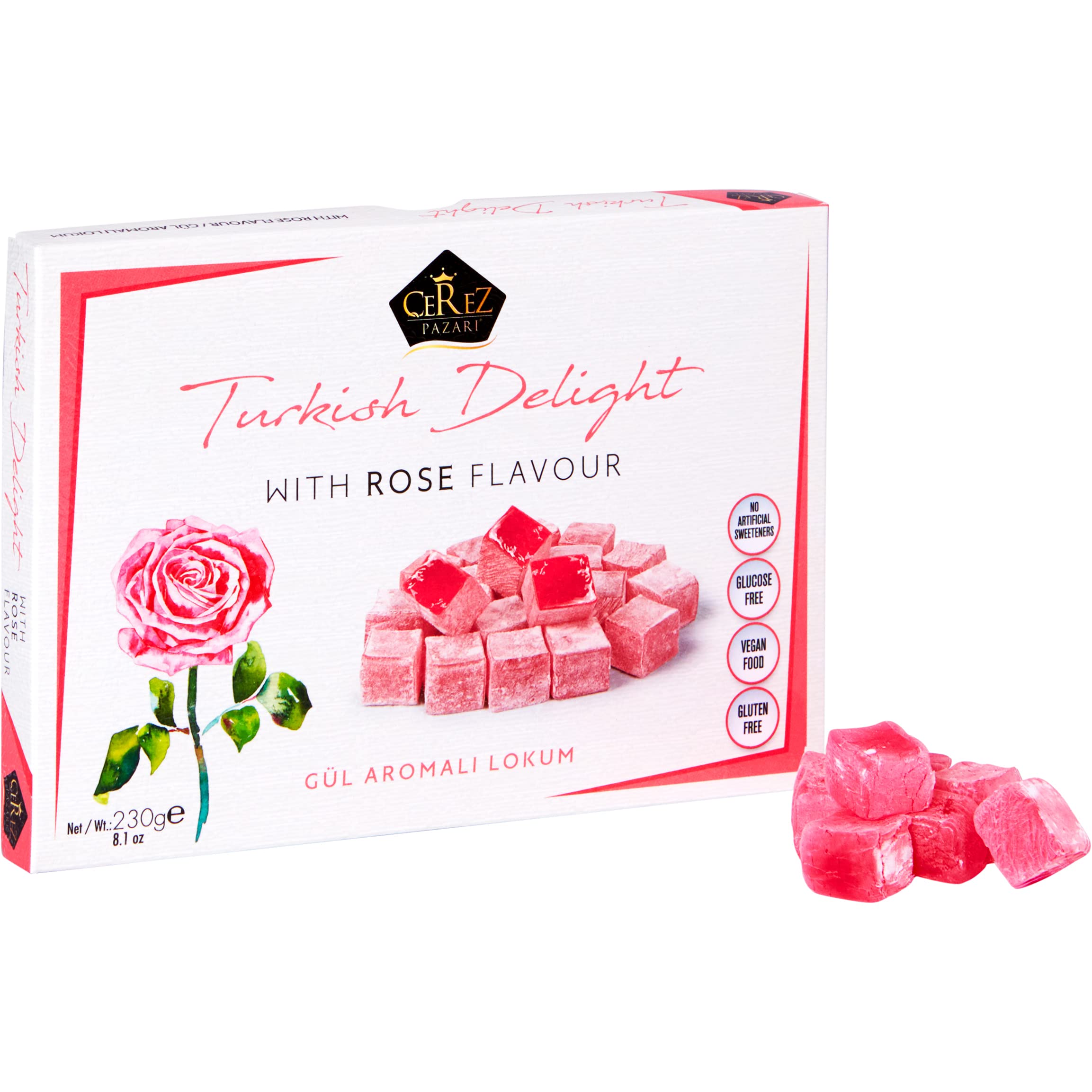 Premium Turkish Delight with Rose Flavor - 230g Gourmet Vegan Candy Gift Box | Traditional Soft Dessert (40 Pieces) | Nut-Free Snacks for Parties, Gifting & Special Occasions