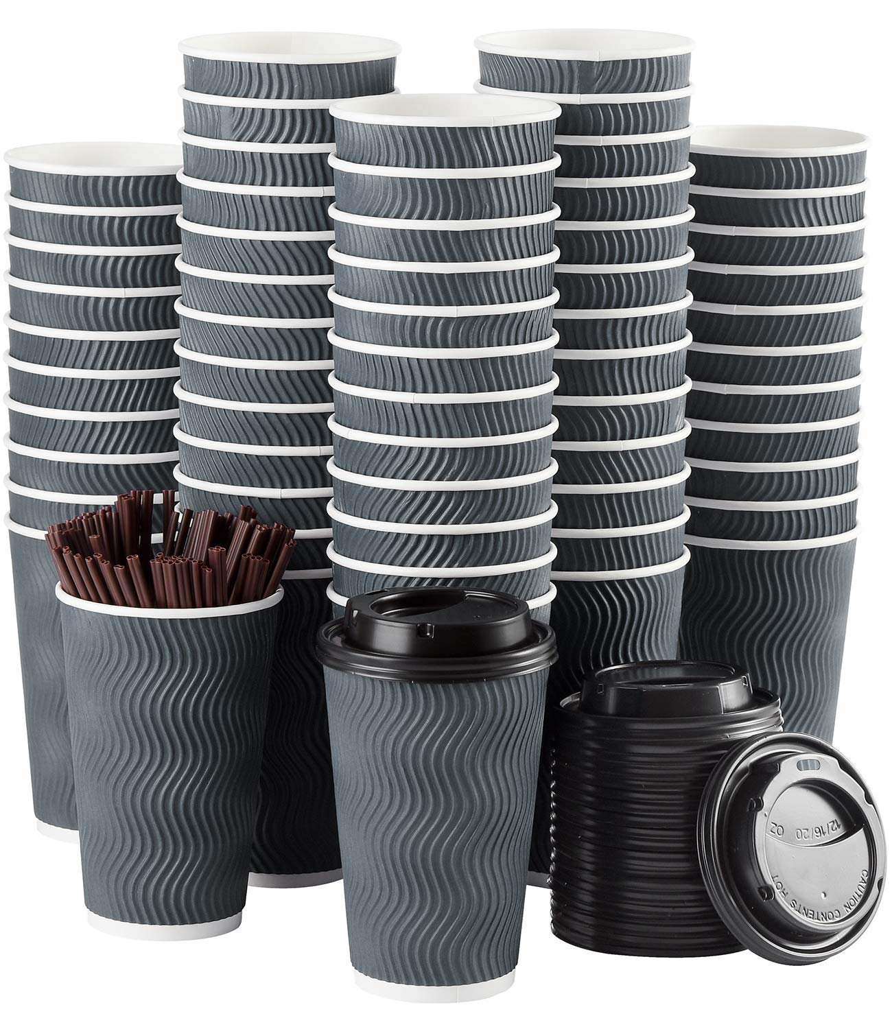 16 oz Disposable Coffee Cups with Lids and Straws - 90 Pack Insulated Paper Cups for Hot & Cold Beverages, Espresso, Tea - Reusable Ripple Design Protects Fingers from Heat - Perfect for Coffee Shops, Offices, and Takeout Drinks