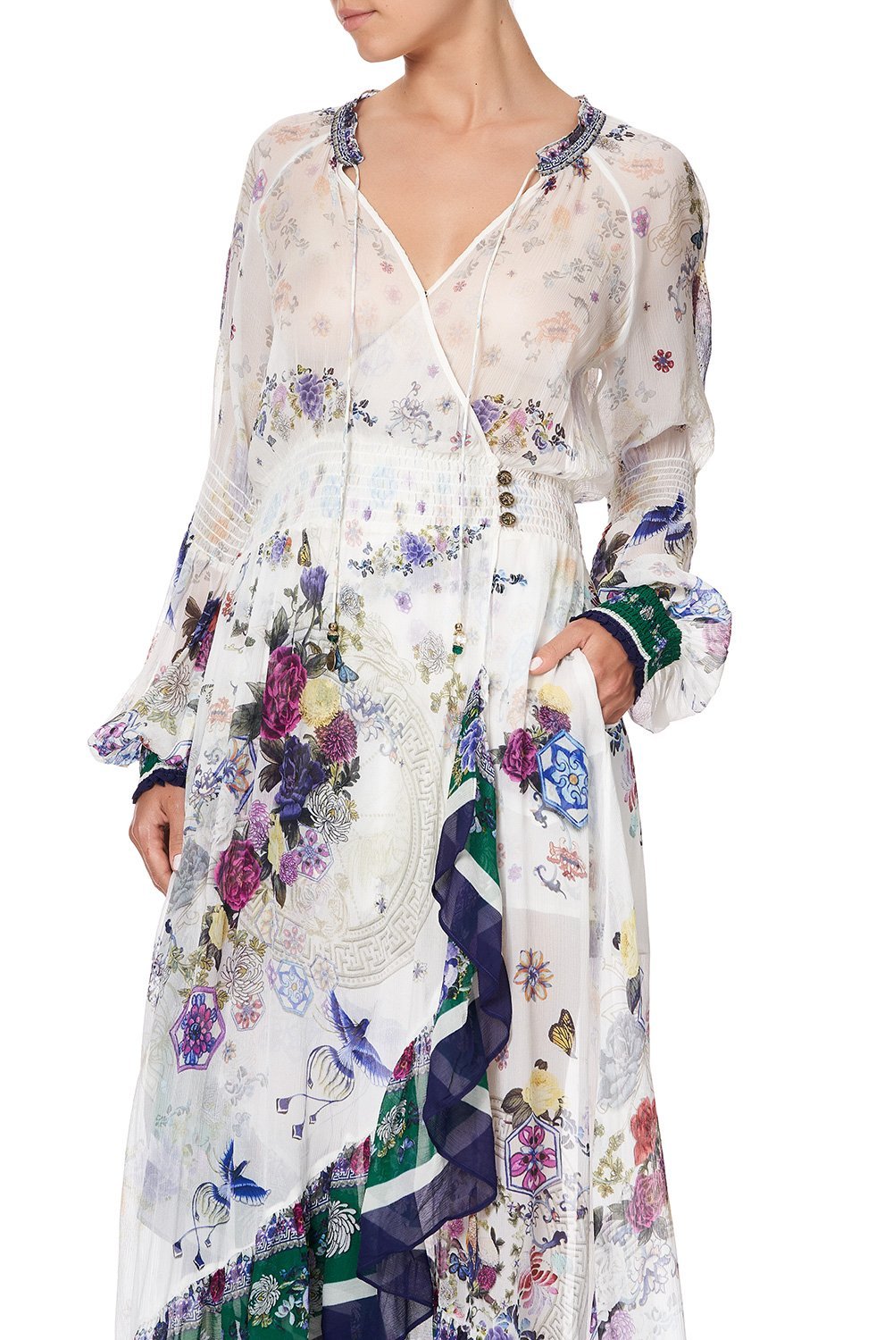 Elegant Blouson Sleeve Wrap Dress with Gentle Moon Print - Perfect for Date Night, Office Wear & Special Occasions