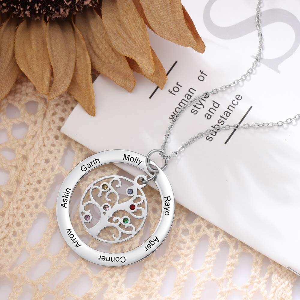 Personalized Tree of Life Necklace for Women - Custom Mother's Pendant with 6 Simulated Birthstones & Engraved Names - Unique Gift for Mom, Grandmother, Wife - Perfect for Mother's Day, Birthday, Anniversary & Family Celebrations