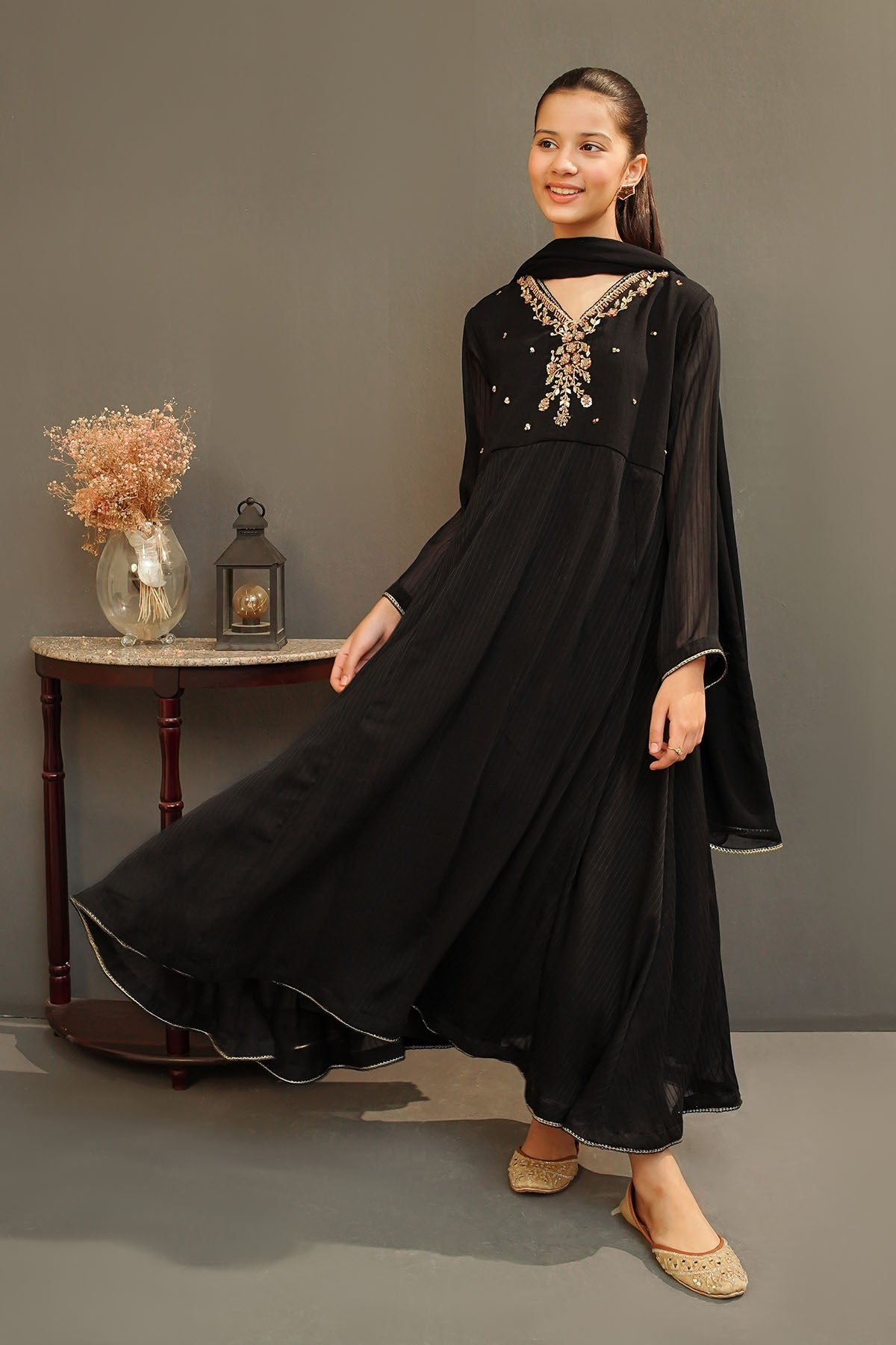 Elegant Black Stitched Chiffon Hand Adda Suit in Ochre - Perfect for Weddings, Parties & Special Occasions