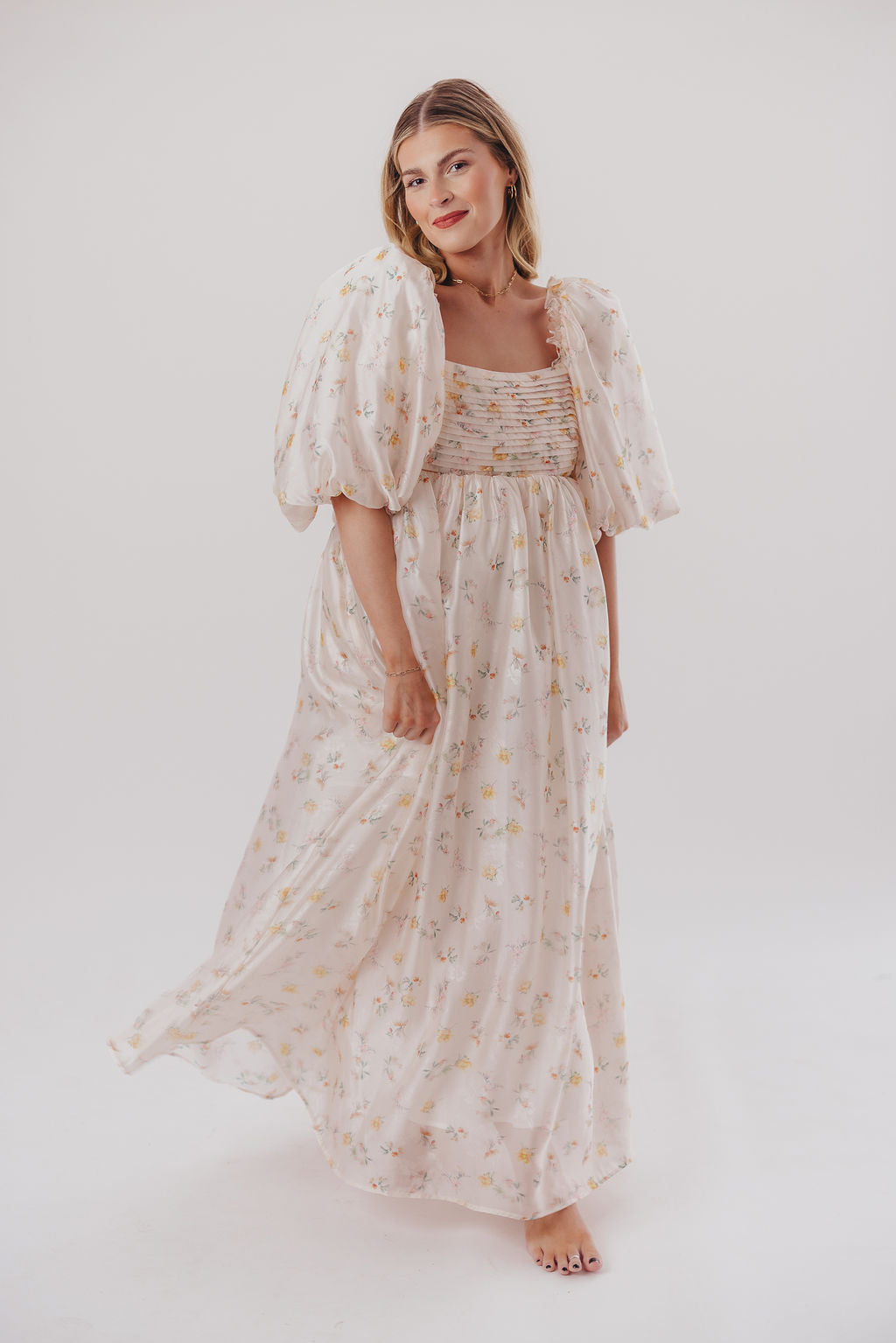 Melody Maxi Dress with Pleats & Bow Detail - Yellow Rose Floral Print | Bump Friendly Maternity Dress | Inclusive Sizing S-3XL | Perfect for Weddings, Baby Showers & Summer Vacations