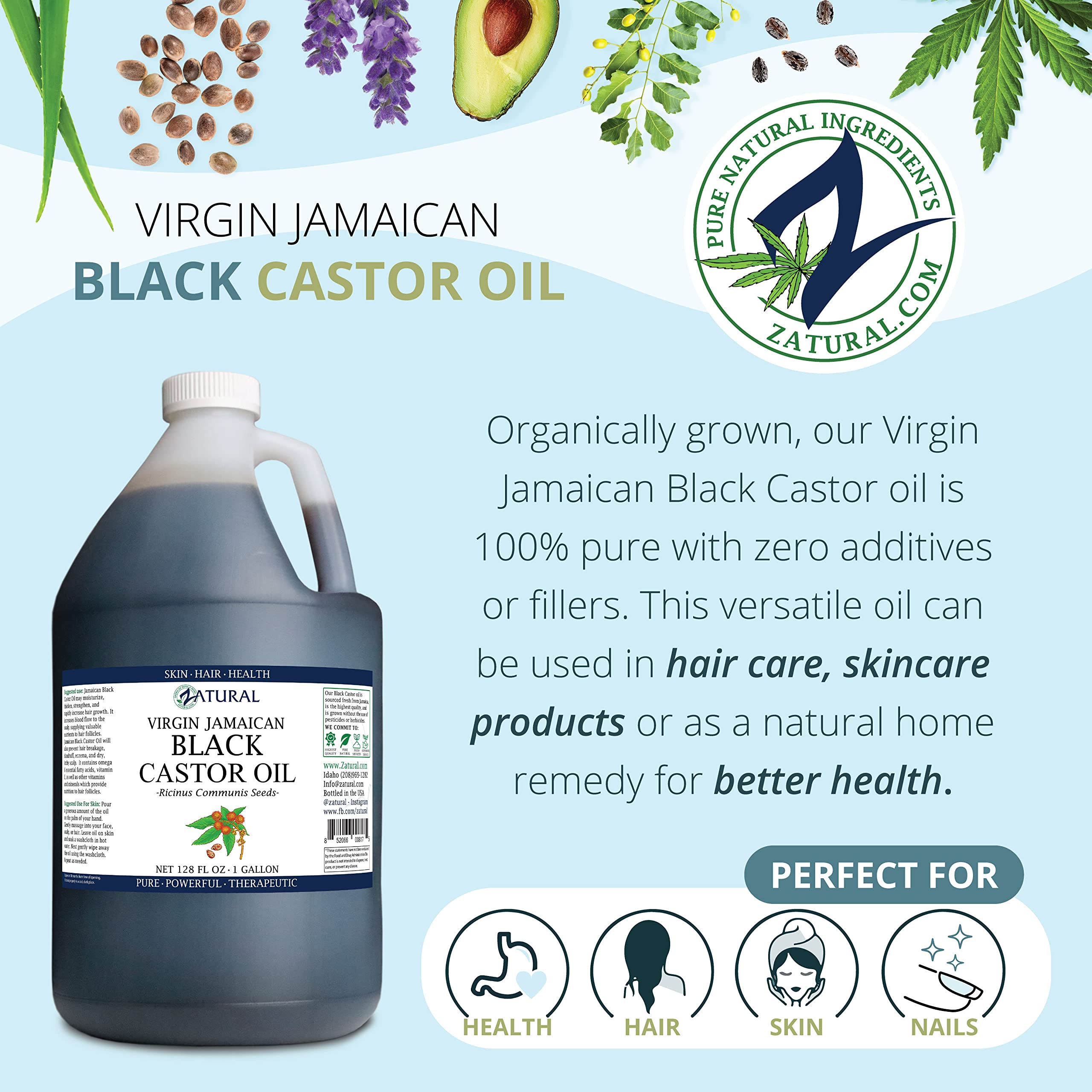 Zatural 100% Pure Jamaican Black Castor Oil (1 Gallon) - Natural Hair Growth, Skin Moisturizer & Eyelash Treatment - Perfect for DIY Beauty, Hair Care & Massage Therapy