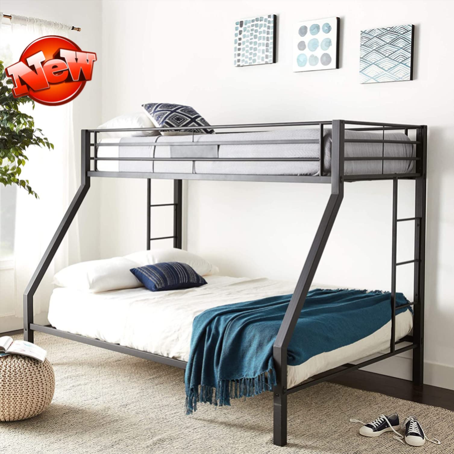 Sturdy Heavy-Duty Metal Queen Bunk Bed Frame - Reinforced Guardrails & Ladder for Kids, Teens & Adults - Twin XL Over Queen Size - Easy Assembly - Durable Thick Steel Construction for Home, Dorm or Guest Room