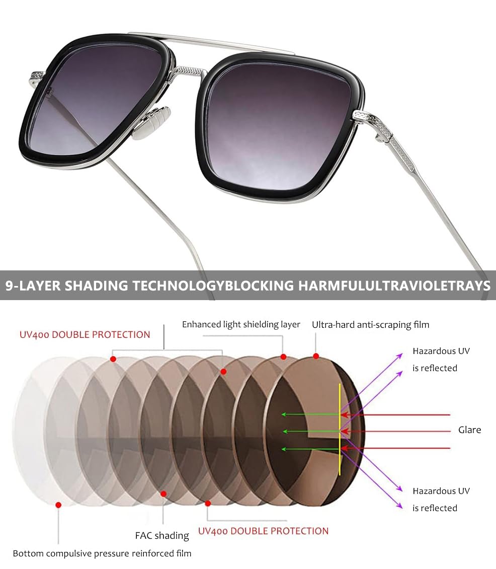 Tony Stark Sunglasses - Iron Man Inspired Square Metal Frame with UV Protection - Perfect for Cosplay, Halloween, and Everyday Fashion