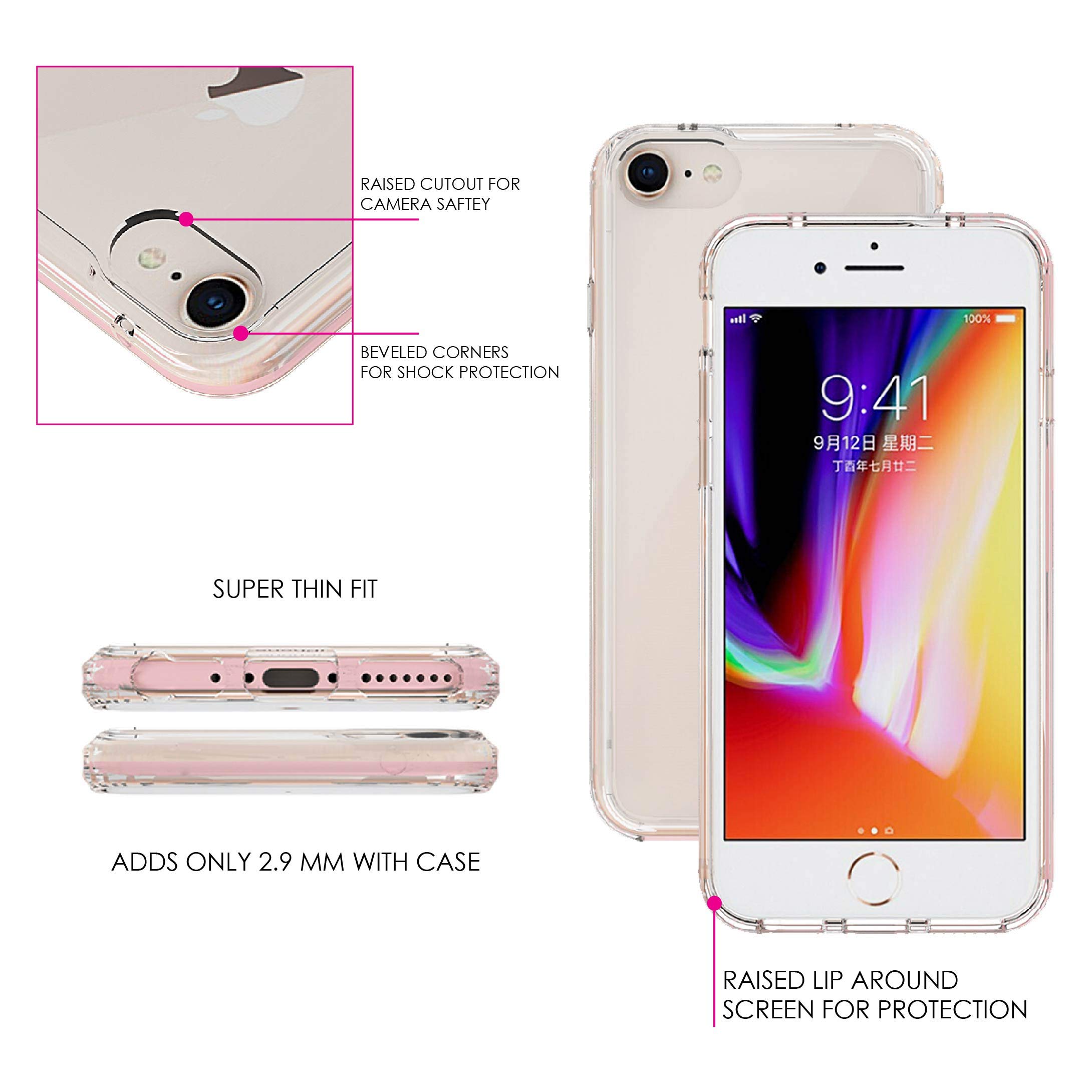 Shockproof Hybrid Case for iPhone 7/8/SE 2 (4.7 Inch) - Clear TPU Bumper with Acrylic Back & Tempered Glass Screen Protector - Fuchsia White Polka Dots Design - Perfect for Daily Use, Work, and Travel Protection