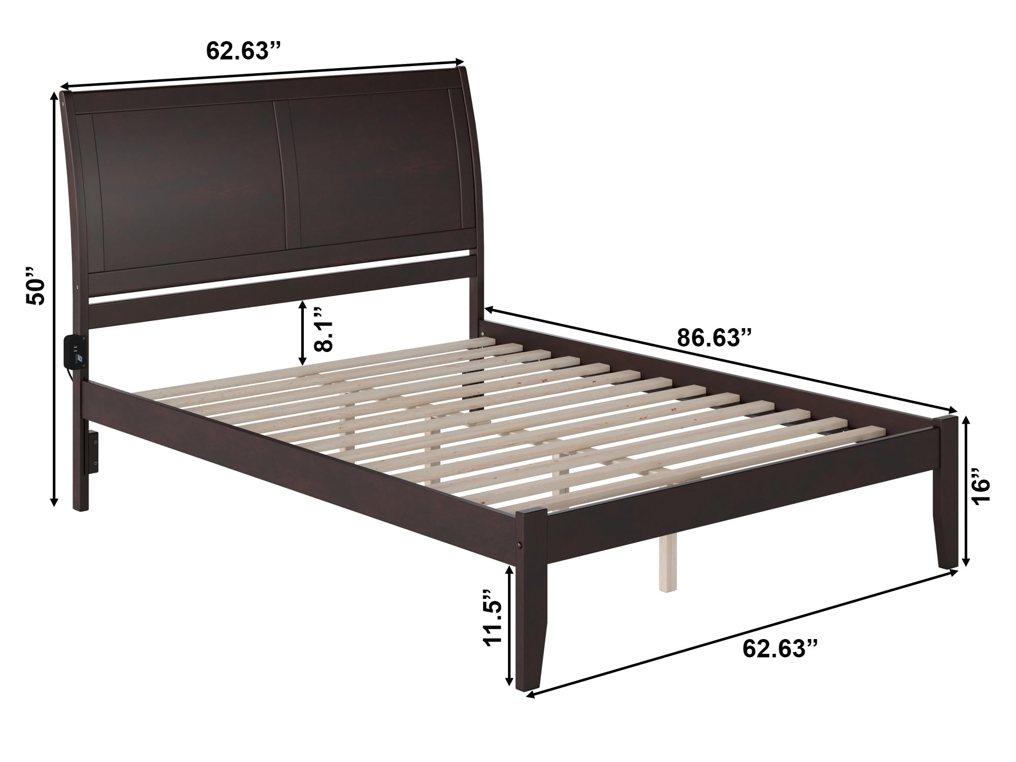 AFI Portland Queen Size Platform Bed Frame with USB Charging Ports - Modern Espresso Wooden Bed for Bedroom, Guest Room & Dorm - Easy Assembly & Sturdy Support