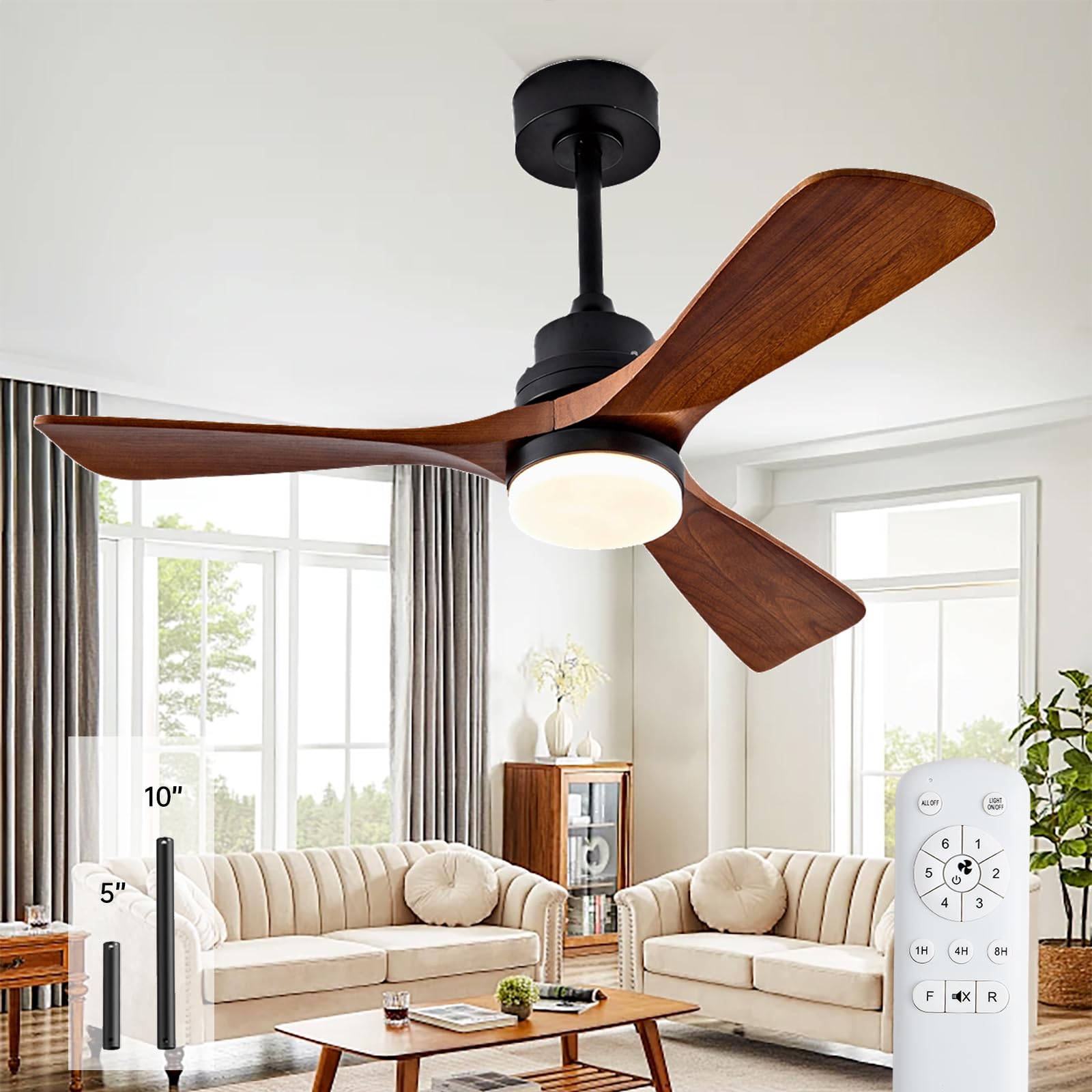 42 Inch Walnut Wood Ceiling Fan with Light Kit & Remote Control - 3 Blade Outdoor/Indoor Reversible DC Motor Fan - Silent Operation for Patio, Living Room, Farmhouse, Bedroom - Perfect for Home Cooling & Decoration