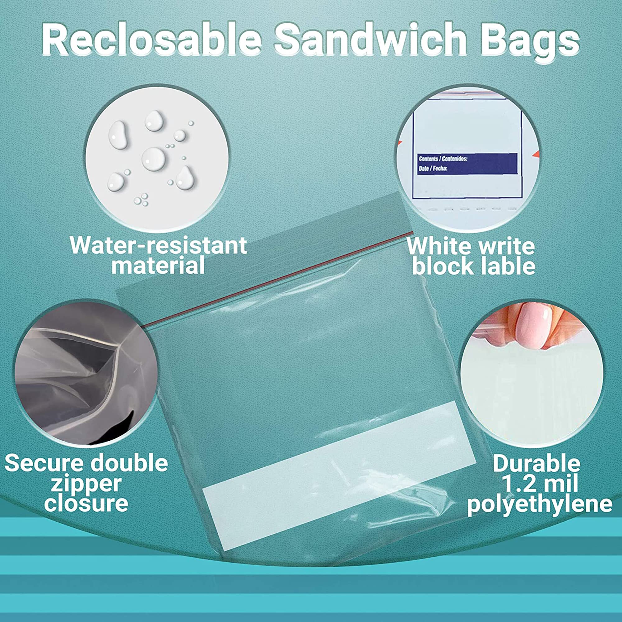 APQ 250 Pack Reclosable Sandwich Bags with Dual Zip Lock, 10.56 x 11 Inches, 1.75 Mil Thick Write-On Poly Bags for Food Storage, Meal Prep, Office Organization & Travel Snacks | Airtight Seal for Freshness
