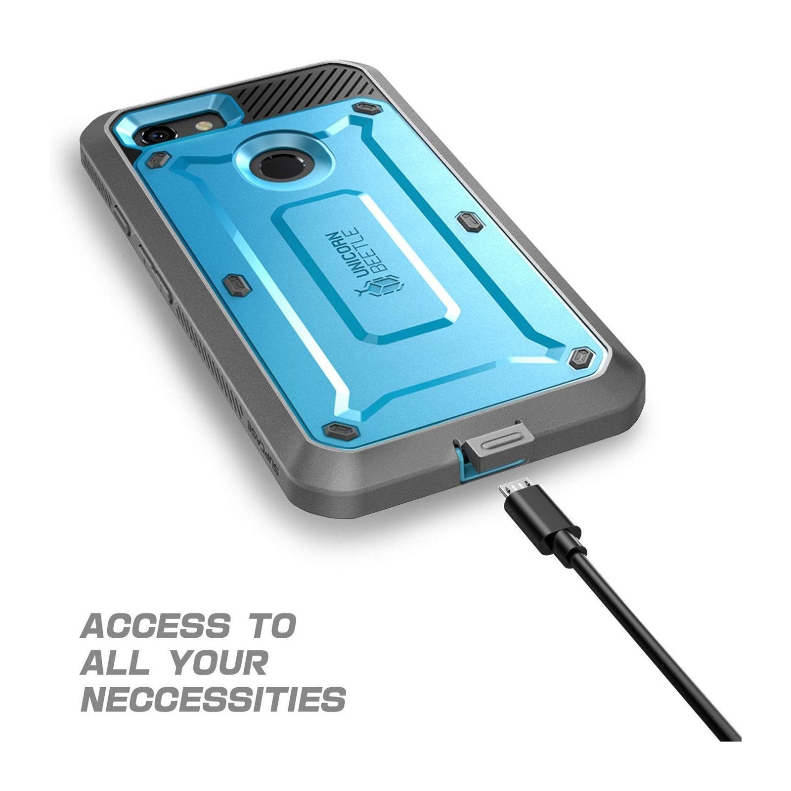 Google Pixel 3 XL Unicorn Beetle Pro Rugged Case with Holster - Heavy Duty Shockproof Protection, Built-in Screen Protector & Kickstand - Perfect for Outdoor, Work & Extreme Sports (Blue)