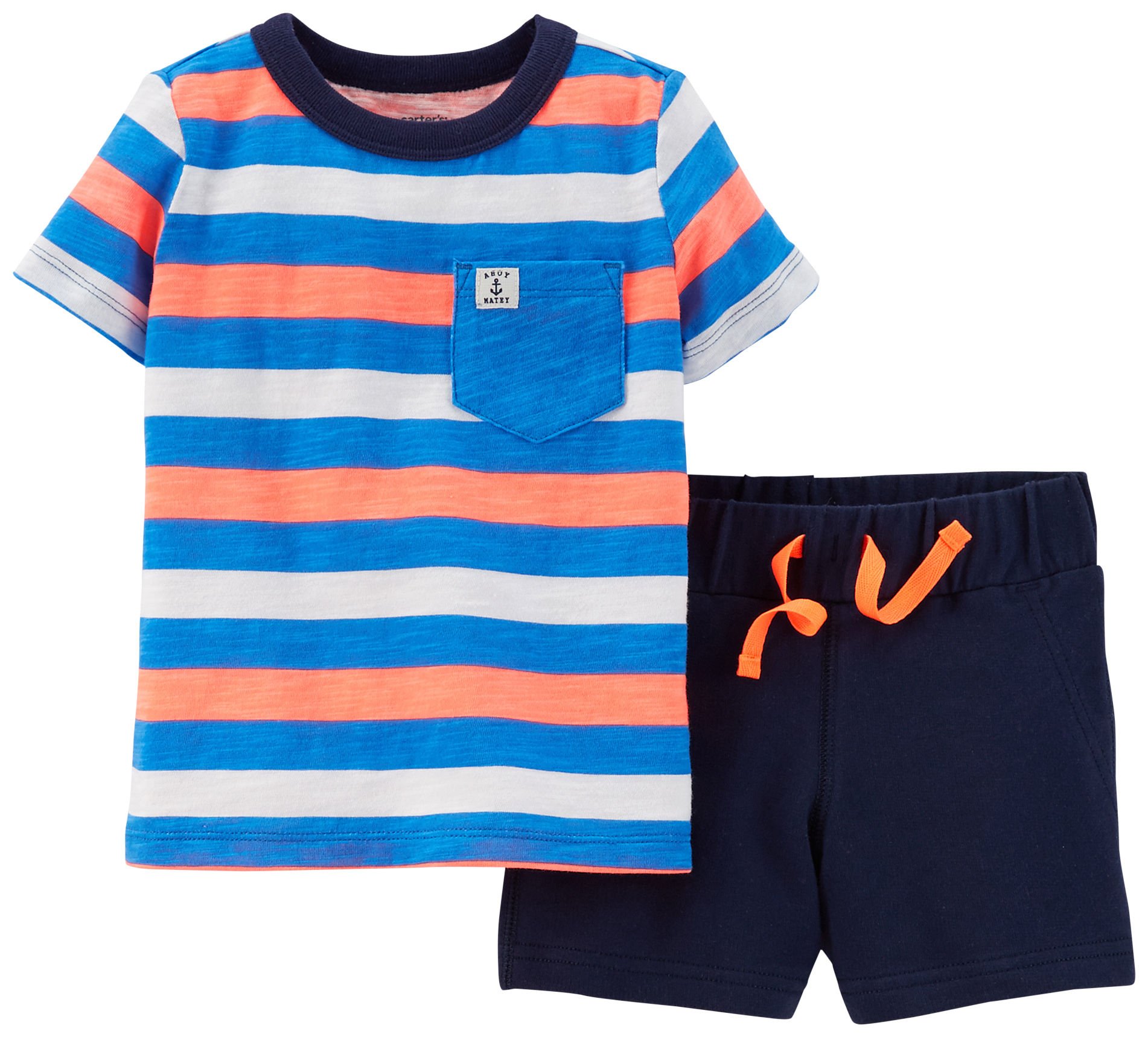 Carters Baby Boys' Striped Shorts Set - 6 Months, Blue & Orange - Perfect for Playtime, Summer Outfits & Casual Wear