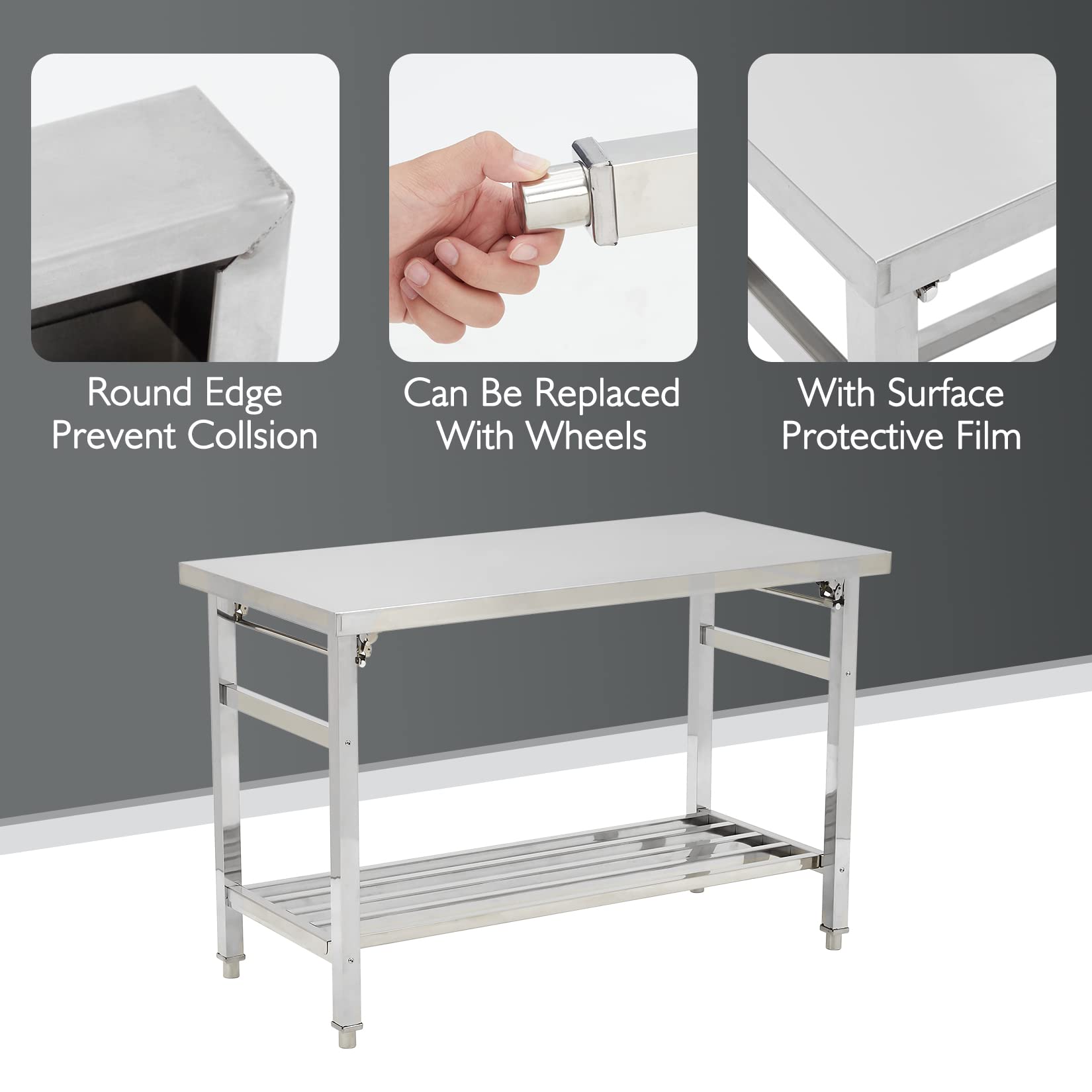 Heavy Duty Stainless Steel Folding Table 24x47 Inches - Adjustable Undershelf Commercial Prep Table for Kitchen, Restaurant, Home & Hotel Use - Perfect for Food Preparation, Catering Events & Outdoor Cooking