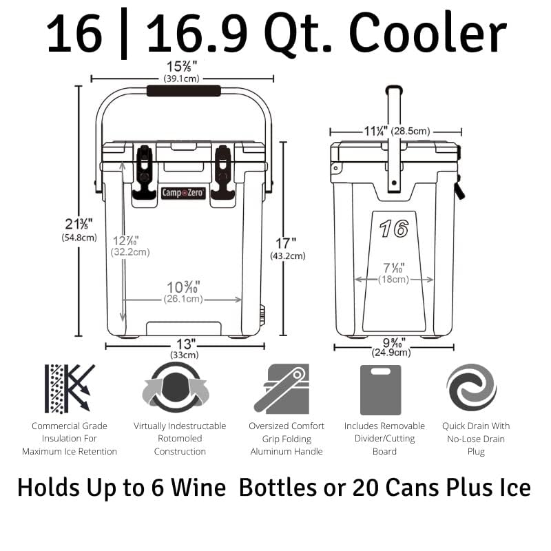 CAMP-ZERO 16L/16.9 Quart Portable Hard Cooler with Divider - Insulated Cooler for Drinks, Wine Bottles & Food - Perfect for Beach, Picnics, Camping, Boating & Travel - Features 2 Molded Cup Holders & Foldable Aluminum Handle - Keep Beverages Cold for Outdoor Adventures