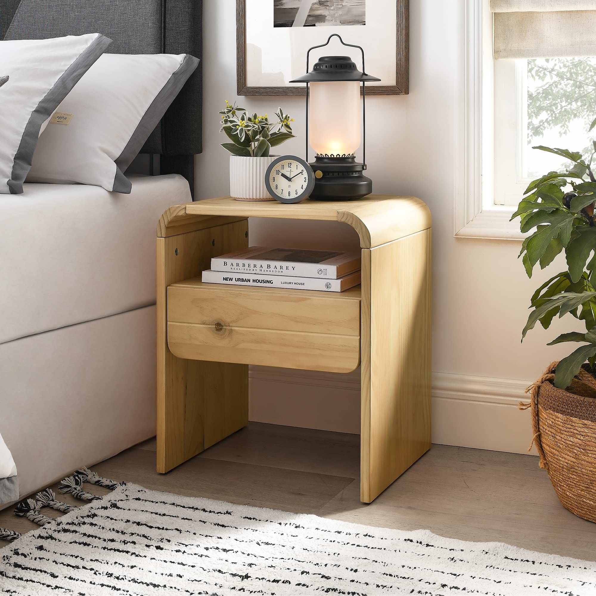 Modern Solid Wood Nightstand with Storage Drawer & Open Shelf - Bedside Table for Bedroom, Living Room, Hallway or Entryway - Stylish End Table for Home Organization & Decor