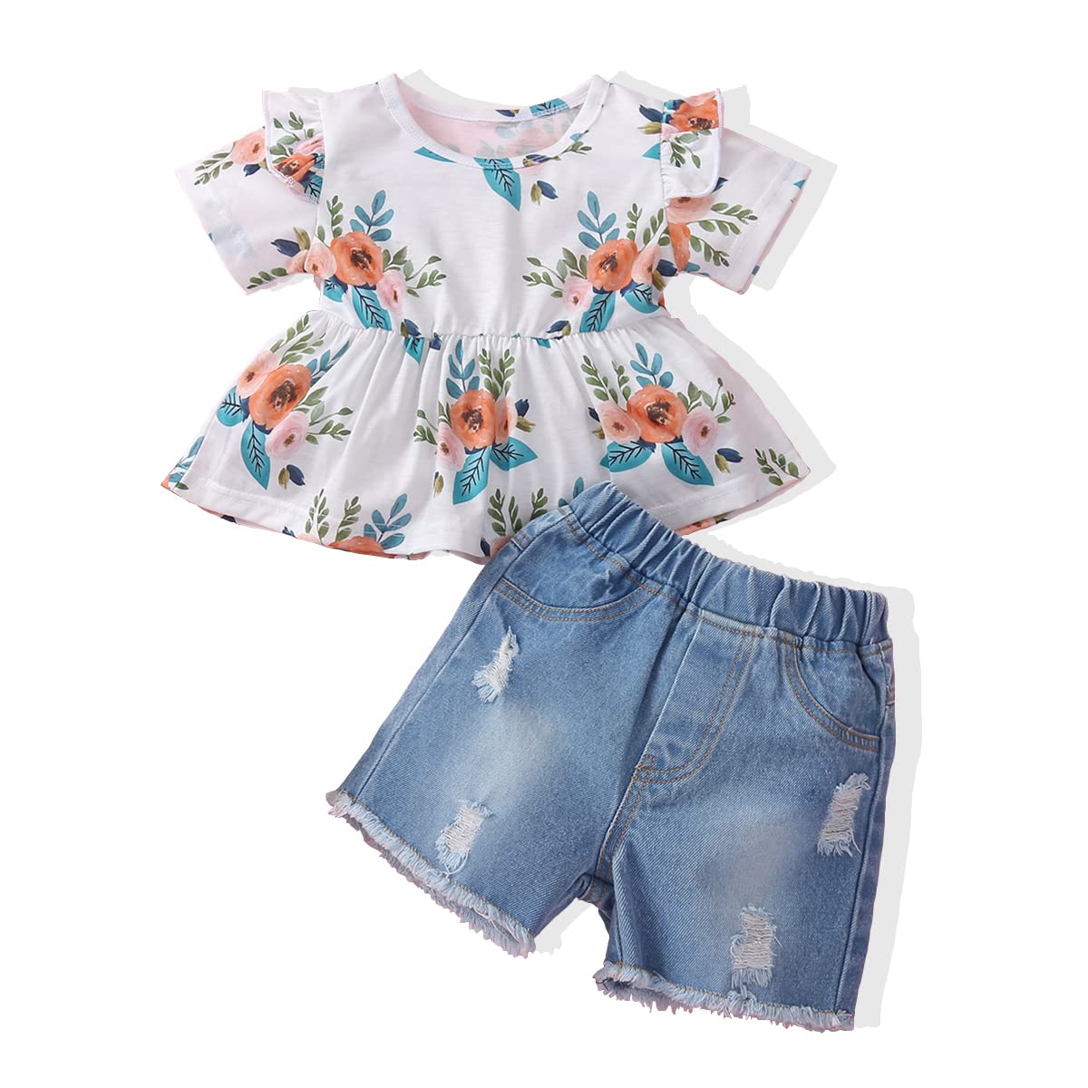 JOPGEEY Toddler Baby Girl Clothes Set - 2PCS Floral Ruffle Top & Ripped Denim Jeans Outfit for Girls 18-24 Months | Cute Summer Outfits for Little Girls | Perfect for Playdates, Daycare & Family Photos