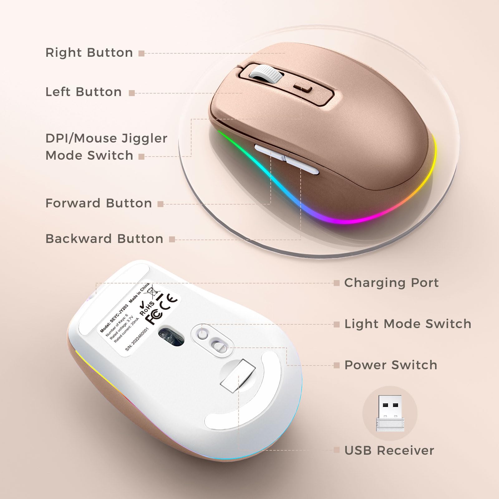 PEIOUS Wireless Mouse Jiggler - Undetectable Random Movement USB Rechargeable Mouse with Built-in Mover, Keeps Computer Awake for Laptop/PC - Gold | Perfect for Remote Work, Online Meetings & Preventing Screen Timeout