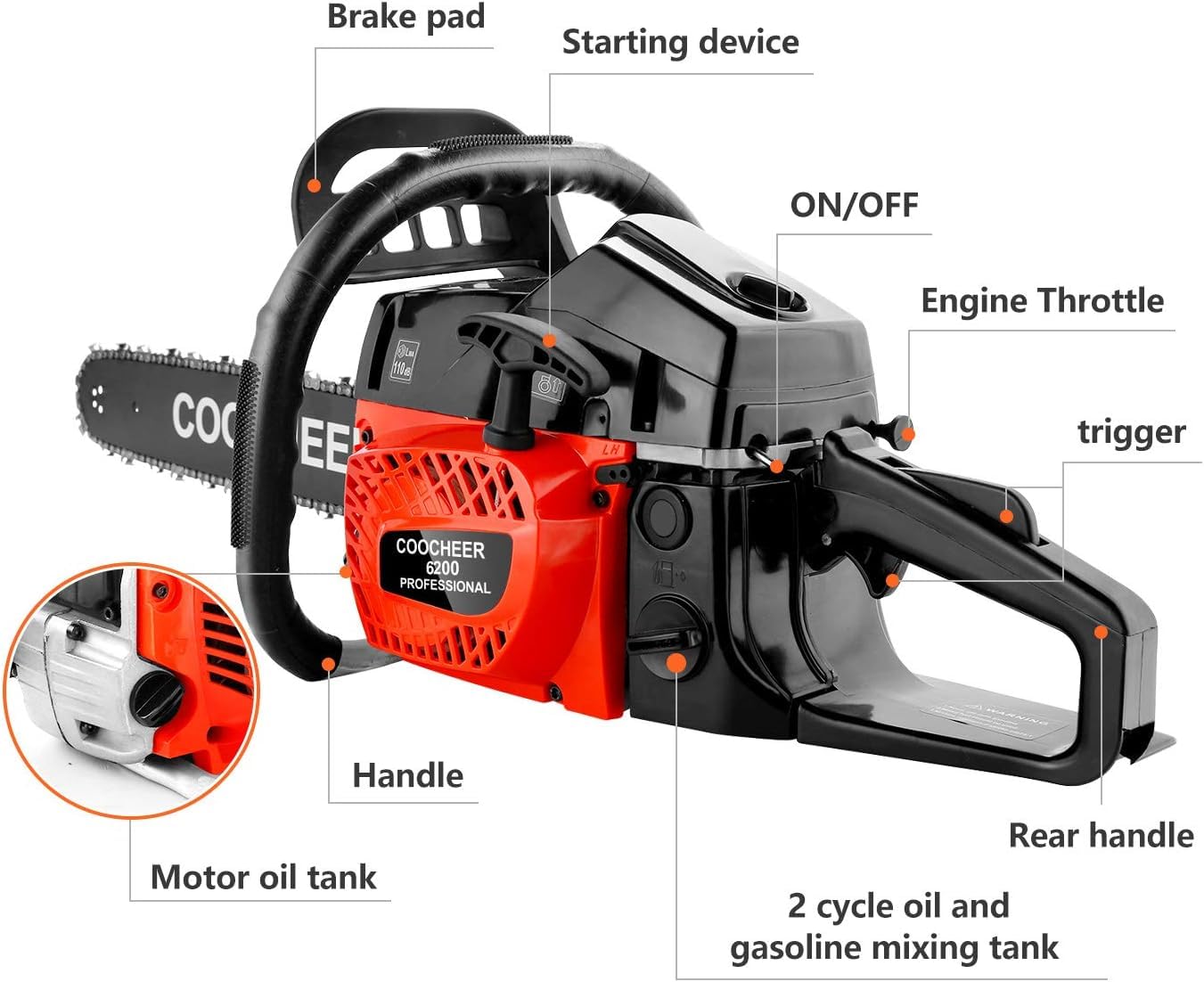 COOCHEER 62CC 2-Stroke Gas Chainsaw - 20-Inch Portable Top Handle Chainsaw with 2 Chains & Tool Kit - Powerful Gas-Powered Chainsaw for Tree Cutting, Felling, Stump Removal & Woodcutting - Ideal for Landscaping, Firewood Preparation & Yard Maintenance (Upgraded Model)