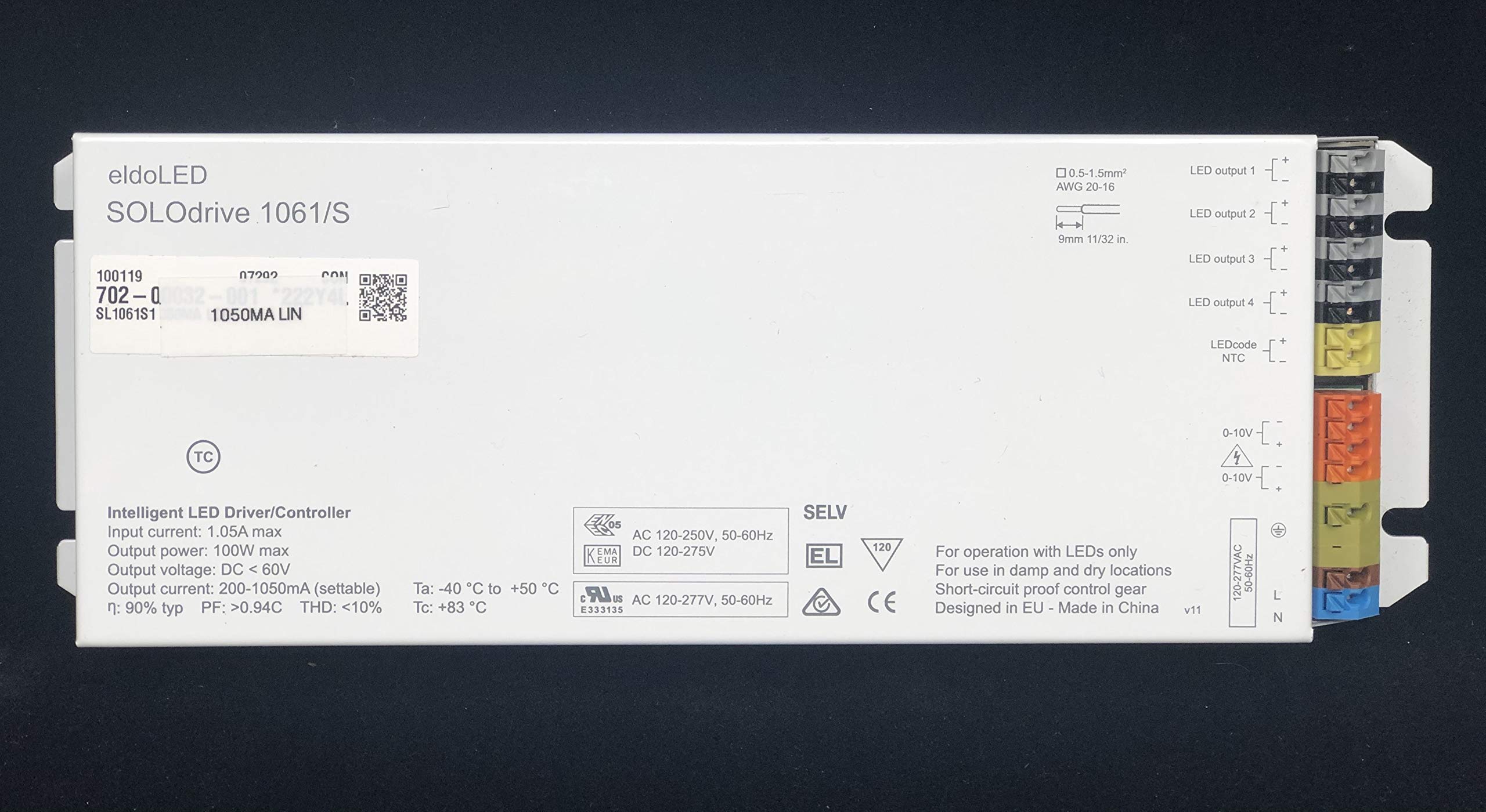SOLOdrive 1061/S 1050MA LIN LED Driver - 100W AC Constant Current Power Supply, 0-10V Dimming, 4x 57V Outputs, Side Feed, Square Metal Housing - Perfect for Commercial LED Lighting, Architectural Lighting, and Landscape Lighting Systems