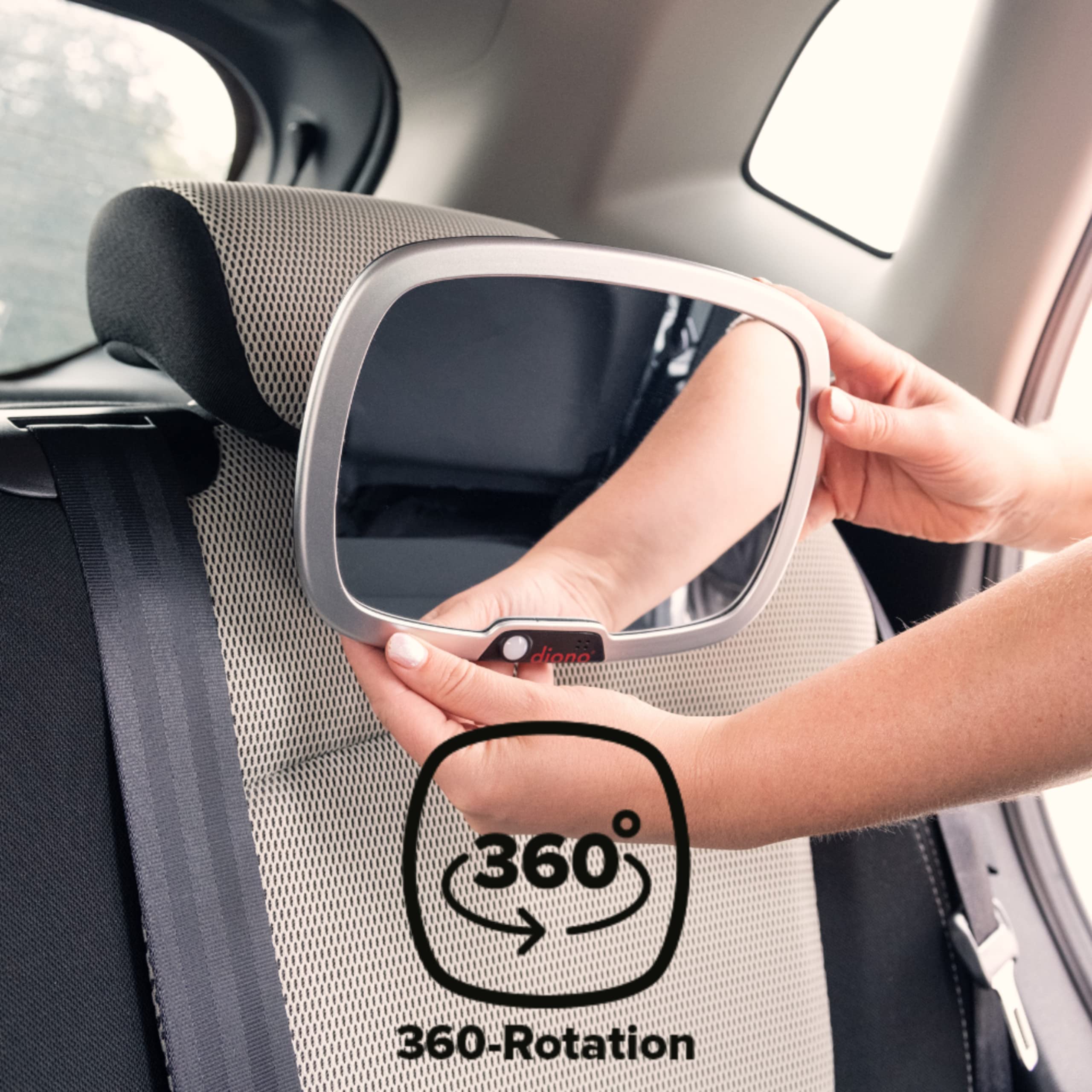 Diono Easy View Plus Baby Car Mirror with LED Light - 360° Rotating Safety Car Seat Mirror for Rear Facing Infants | Shatterproof & Crash Tested | Wide Crystal Clear View for Night Driving | Perfect for Road Trips & Daily Commutes with Baby