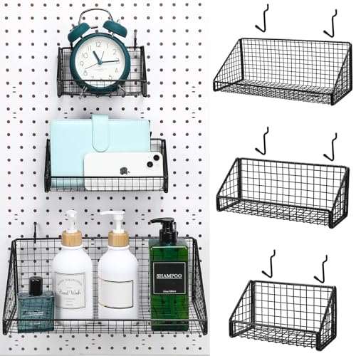 Soaoo 3-Pack Black Metal Pegboard Baskets with 6 Hooks - Heavy Duty Wire Shelf Organizer for Kitchen, Bathroom, Garage & Craft Room - Wall Mount Storage Solution for Tools, Spices & Home Organization