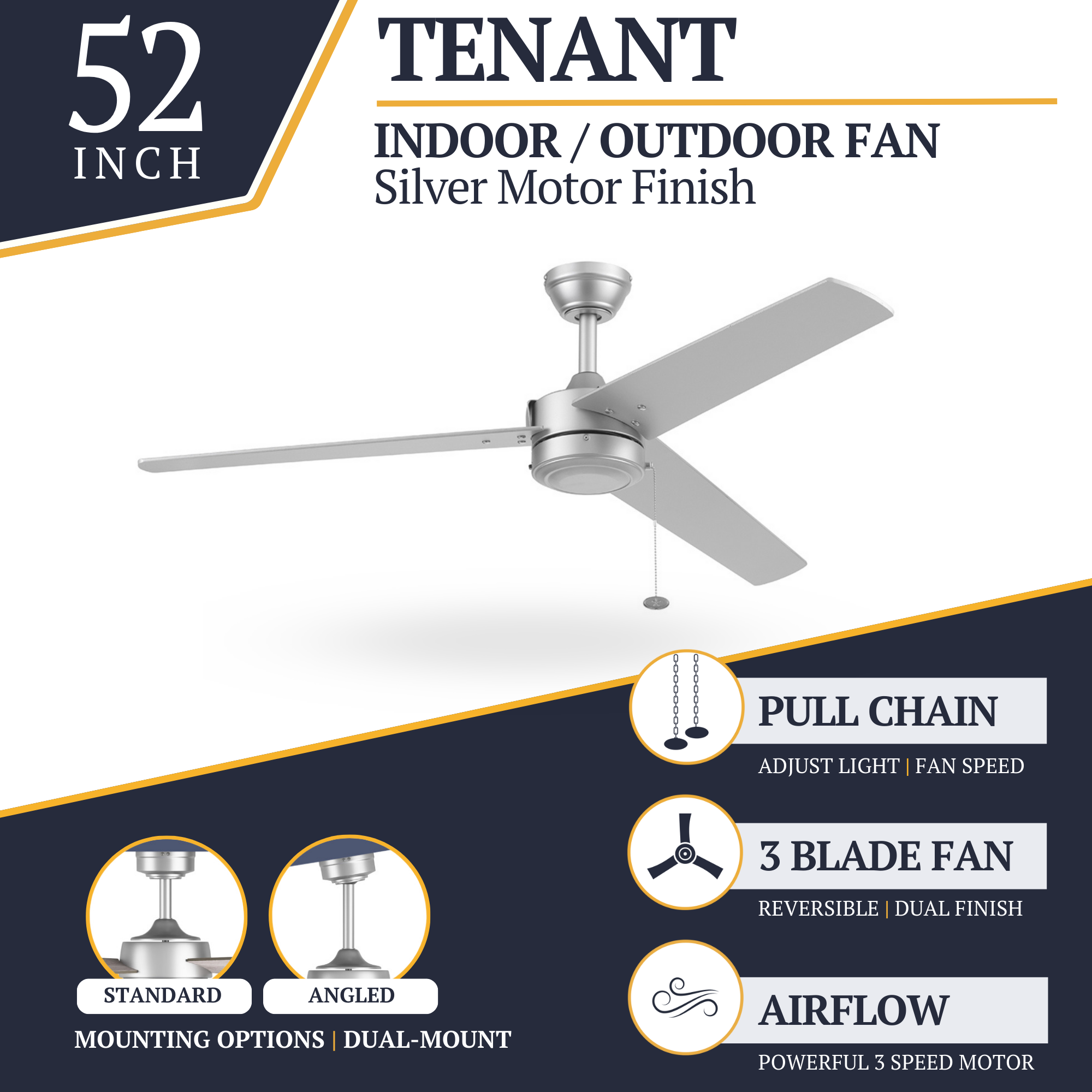 52 Inch Brushed Nickel Ceiling Fan with Pull Chain - Indoor/Outdoor Use for Living Room, Bedroom, Patio & Covered Porch