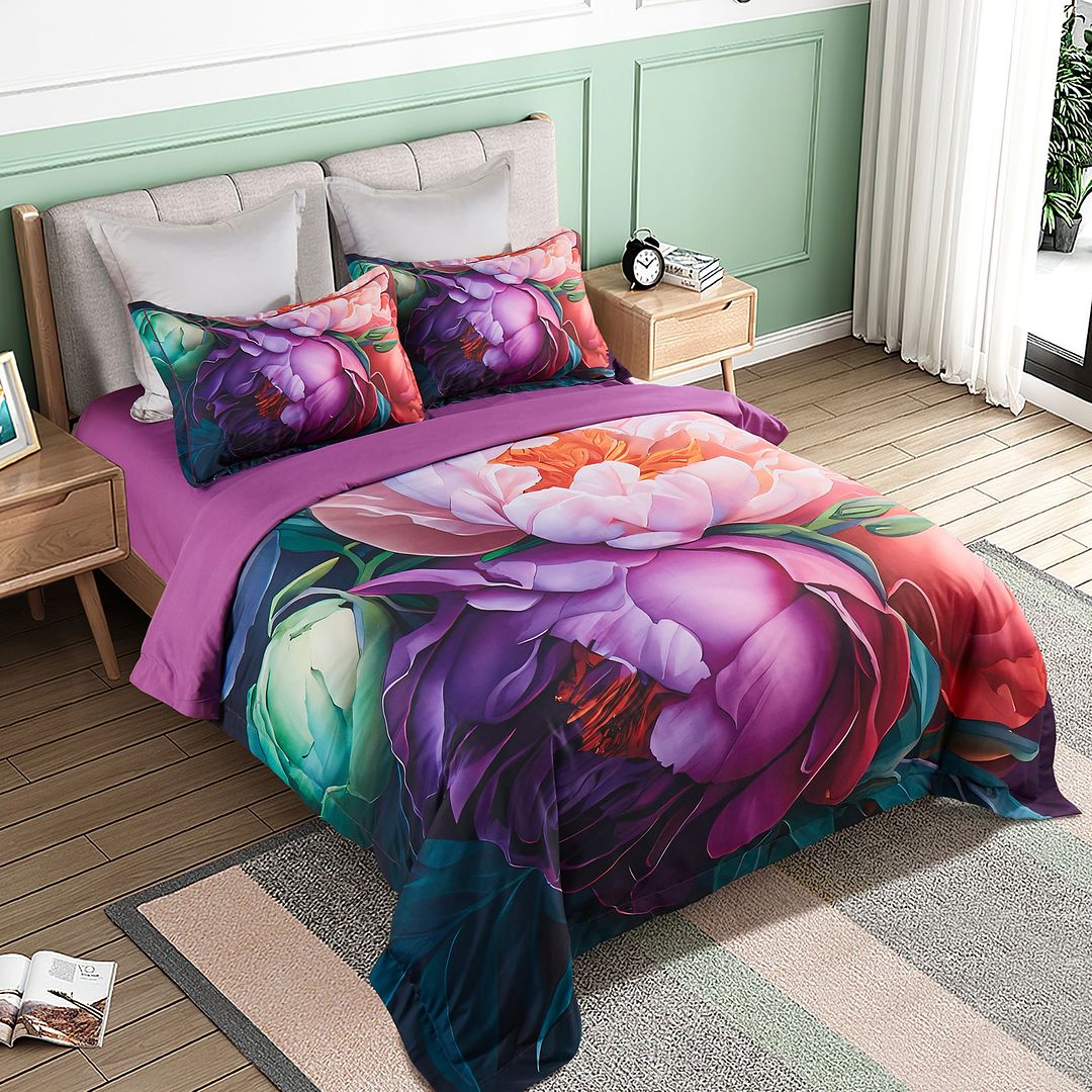 Kaie Floral Quilt Cover Set Queen Size - Soft 3-Piece Bedding Set with Vibrant Floral Design for Cozy Bedroom Decor & Guest Room Styling